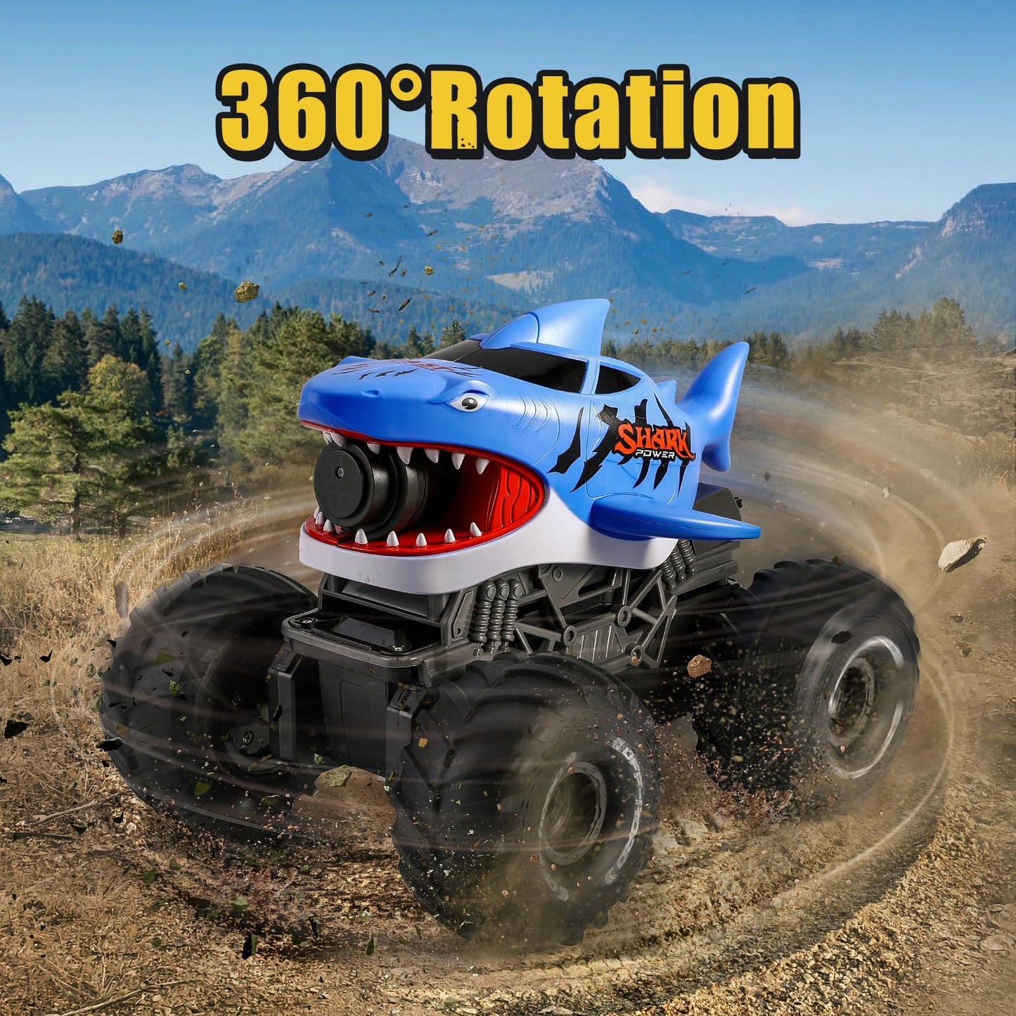 BOBXIN Amphibious Remote Control Shark Monster Truck with Water Squirt,4WD All-Terrain Off-Road 2.4Ghz Waterproof RC Stunt Car Pool Water Toys for Kids Age 6+
