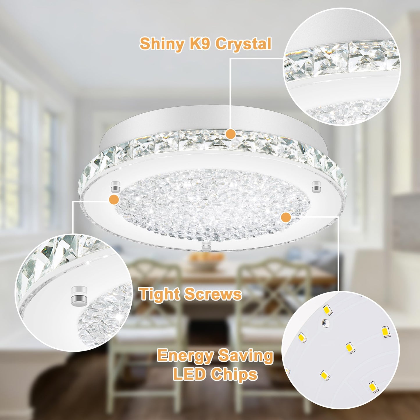 DHK wot Crystal Flush Mount Ceiling Light 3000/4000/5000K Modern Crystal Light Fixtures Ceiling Mount for Bathroom Hallway Porch Laundry Room Cloakroom 11", LED, Dimmable