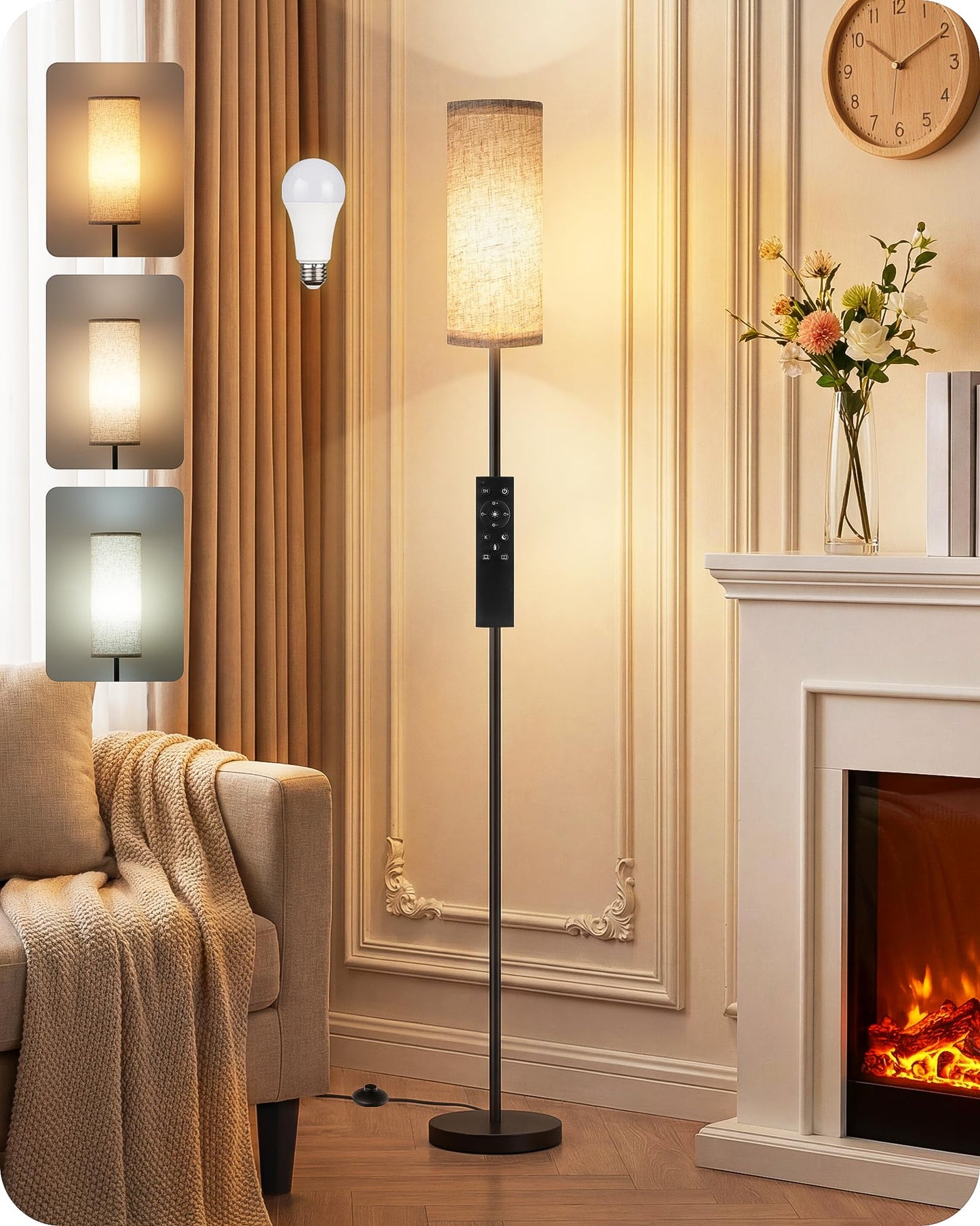 Set of 2 Slim Floor Lamps for Living Room with 2 Magnetic Remotes and Foot Switch, Dimmable Standing Lamp Mood for Bedroom Nursery, 3 Color Temperatures, 1-Hour Timer, 900LM Bulb Included, Beige Shade