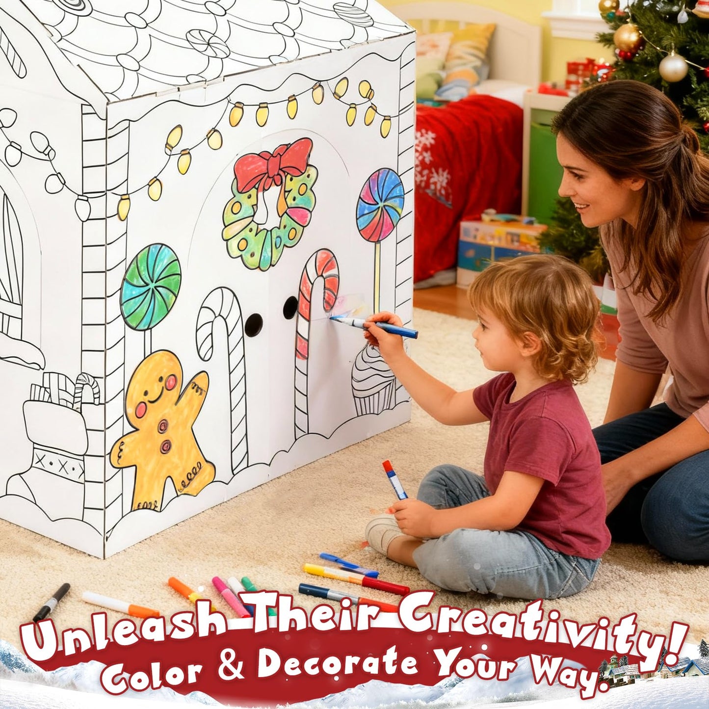 kockuu Gingerbread Cardboard House to Color for Kids Toddlers, Large Gingerbread Cardboard Coloring House Playhouse Christmas Arts & Crafts Activity Indoor Fun, 40" x 32" x 26"