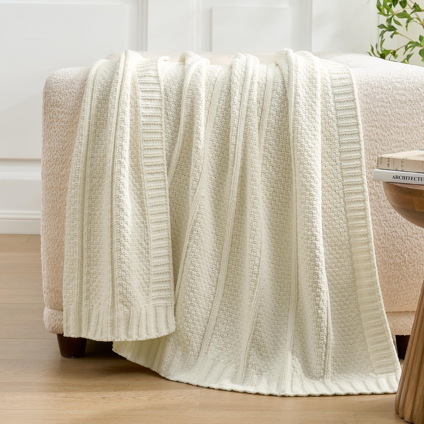Amélie Home Premium Chenille Throw Blanket, Soft Cozy Moss Stitch Knit Blanket for Couch, Sofa, Chair, Home Decor, Cream White 50"x60"