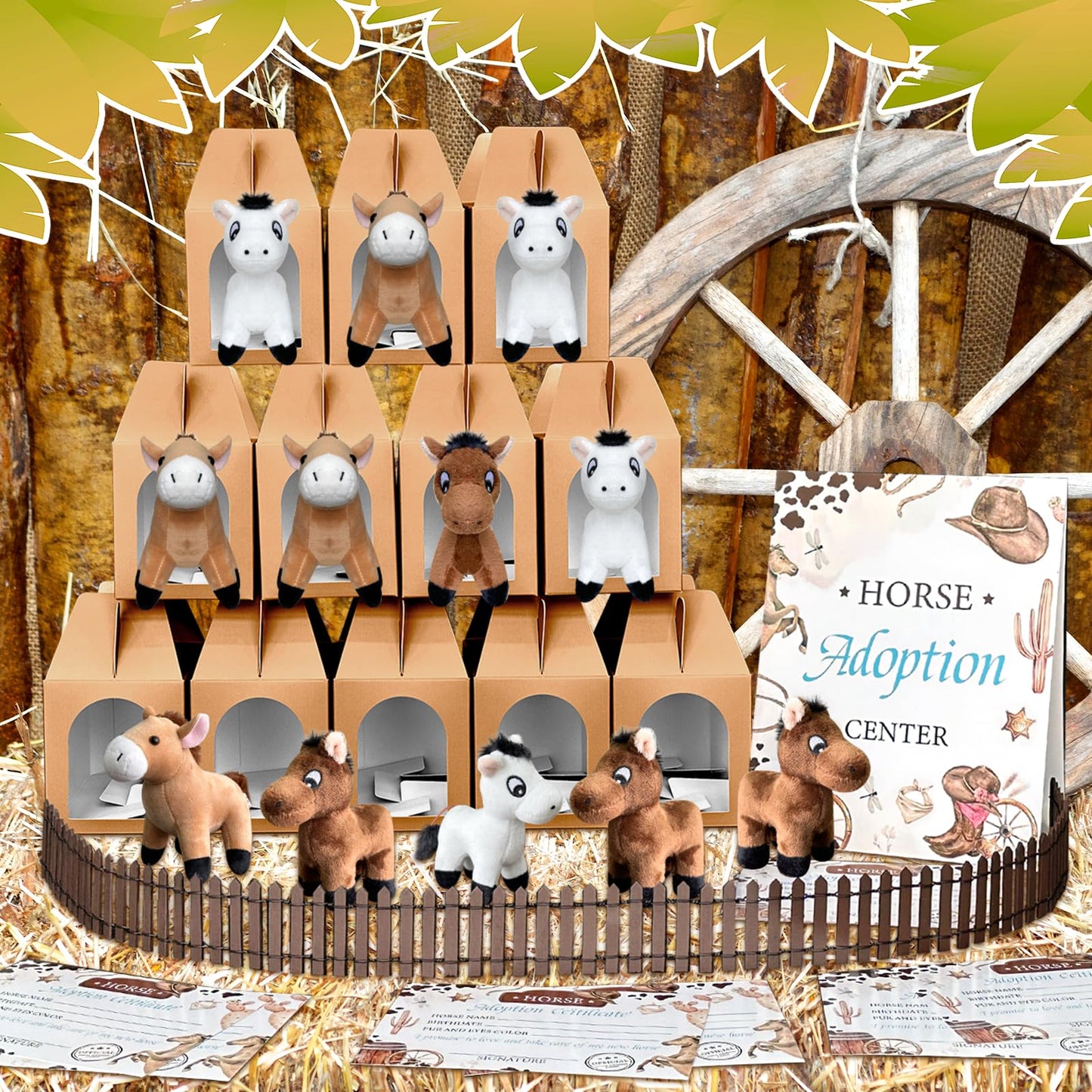38 Pcs Horse Adopt Party Favor Include 12 4.72 Inch Horse Stuffed Animals 12 Foldable Horses Boxes 12 Adoption Certificates 1 Adoption Card 1 Fence for Adopt a Pony