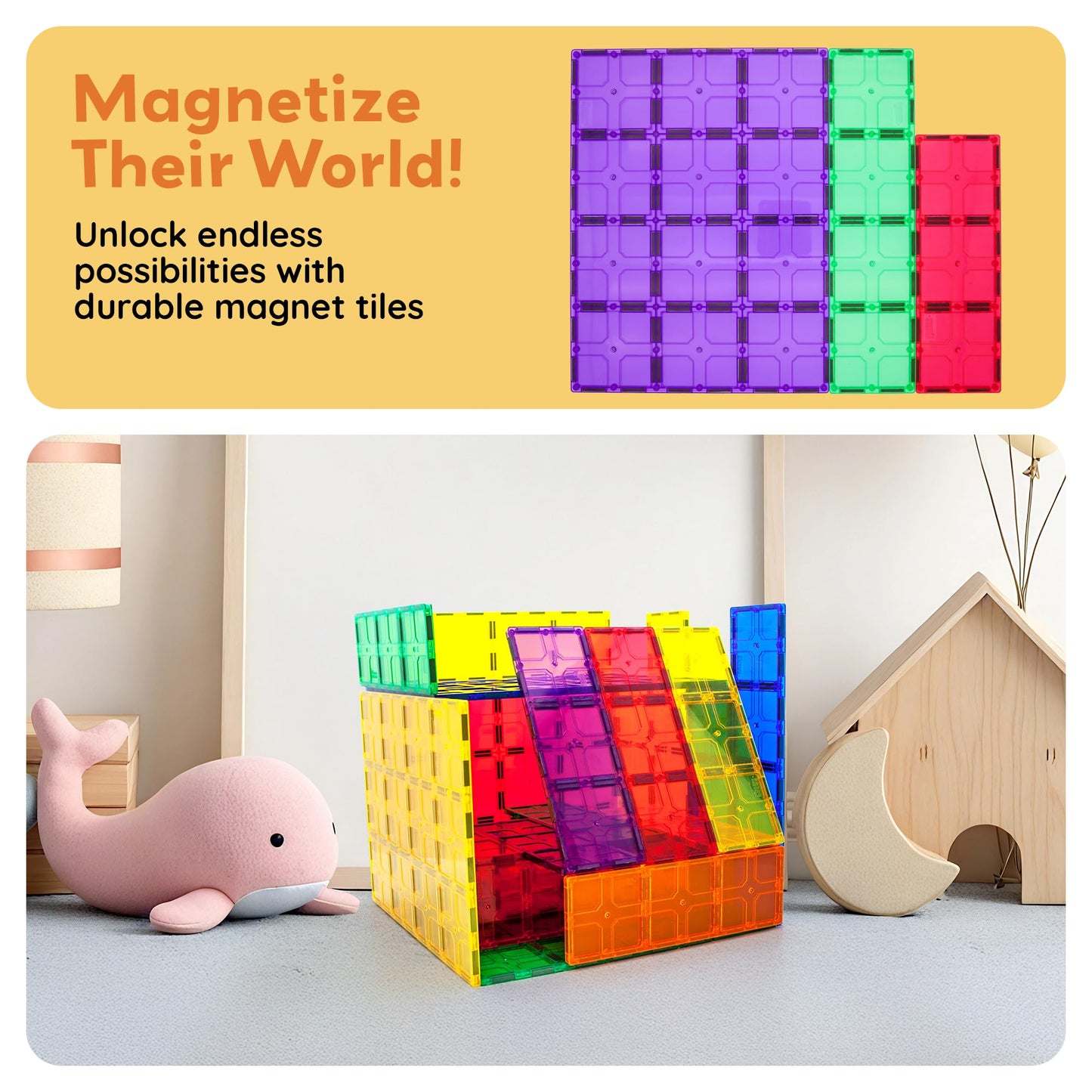 PicassoTiles 60pc Magnetic Building Block Magnet Tile Toy Shop Theme Pretend Play Construction Kit Reconfigurable Printed Structure Double-Sided Printing Education STEM Learning Playset Ages 3+ PTQ50