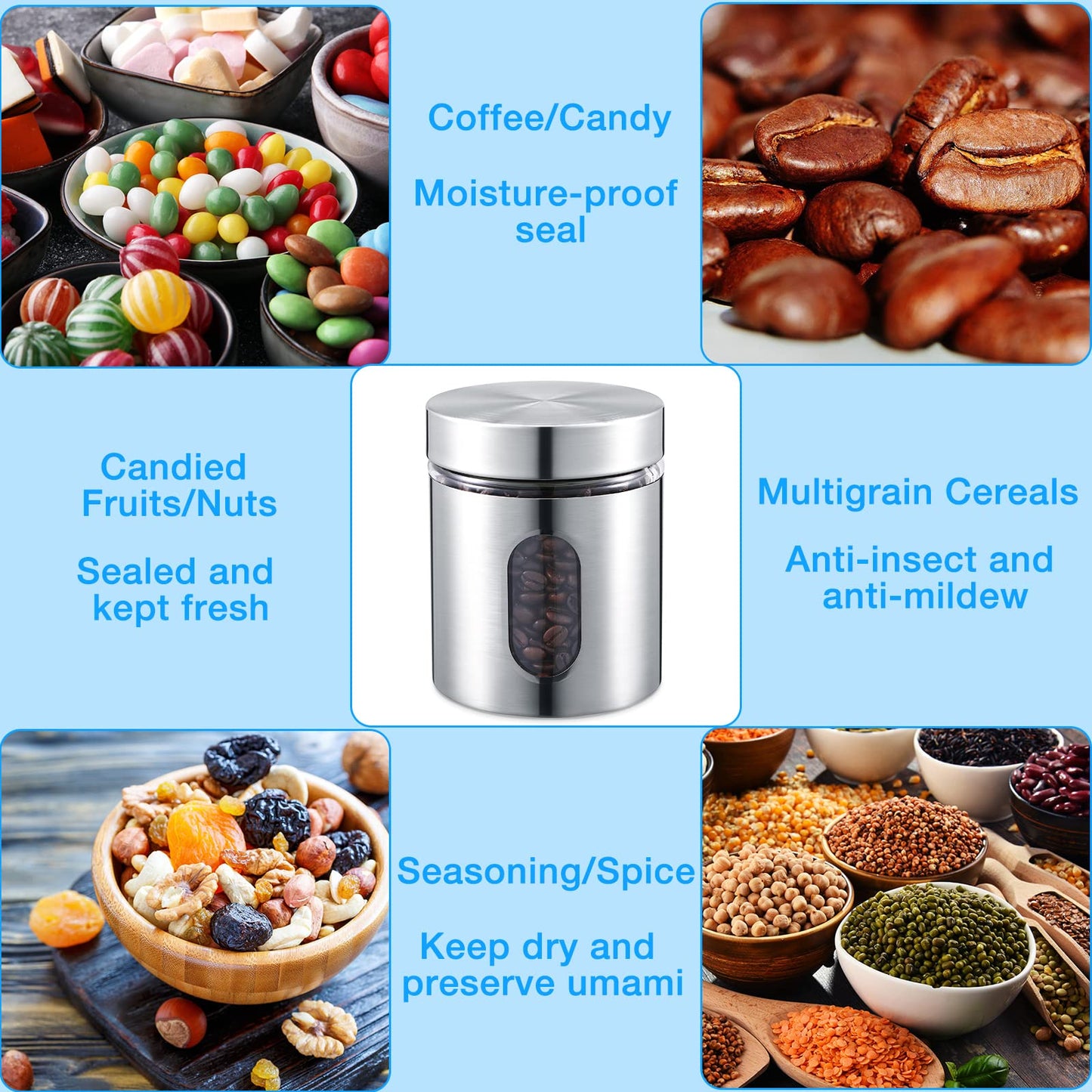 Mimorou 6 Pack Kitchen Canisters Set Airtight Coffee Sugar Tea Candy Storage Jars with Window Glass Stainless Steel Containers with Lids for Flour Cookies Spices Grains Kitchen Decorations(20 oz)