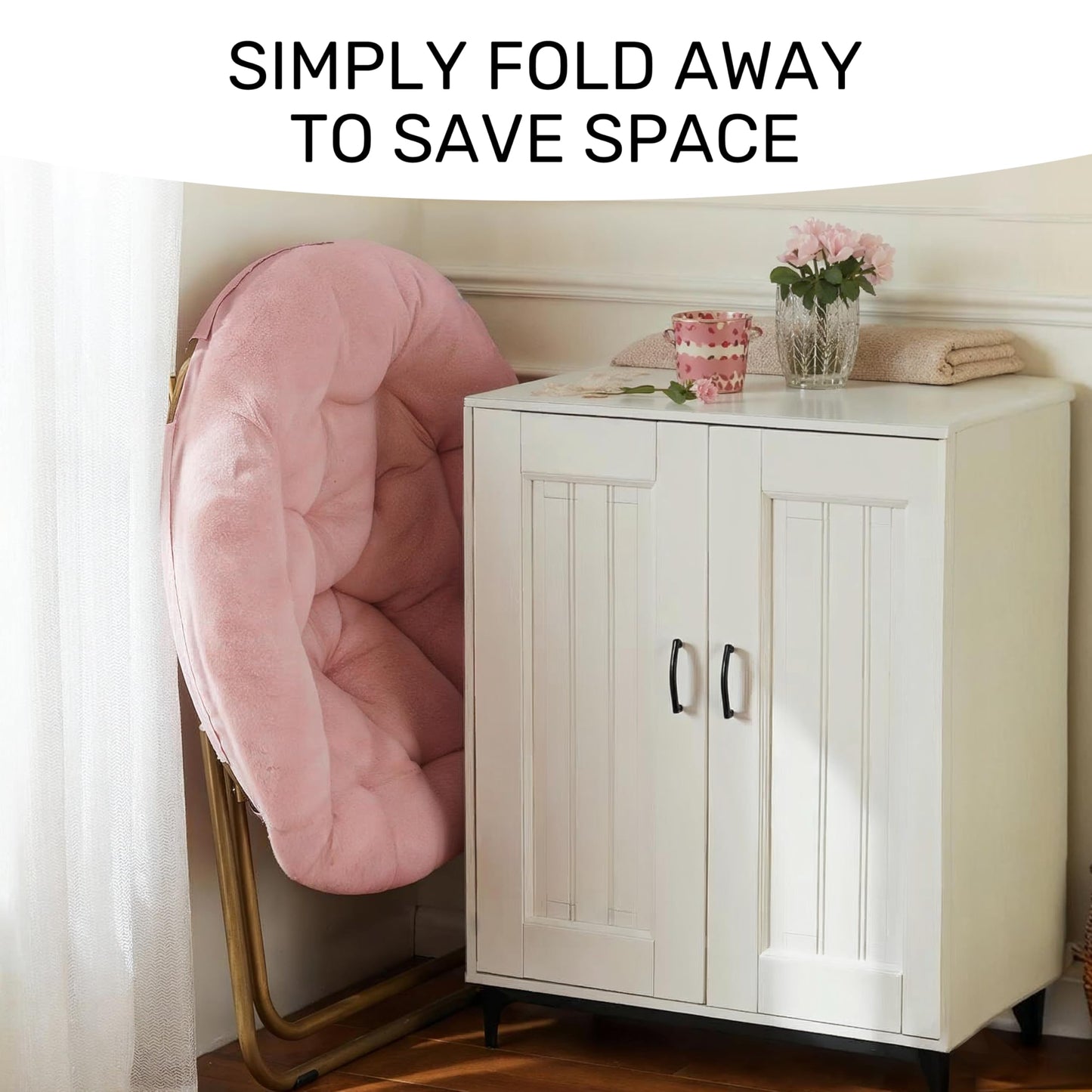 HealSmart Saucer Chair, Comfy Faux Fur Chair for Bedroom, Saucer Chairs for Adults, Teens, Round Shaped Moon Chair with Foldable Metal Frame, Pink