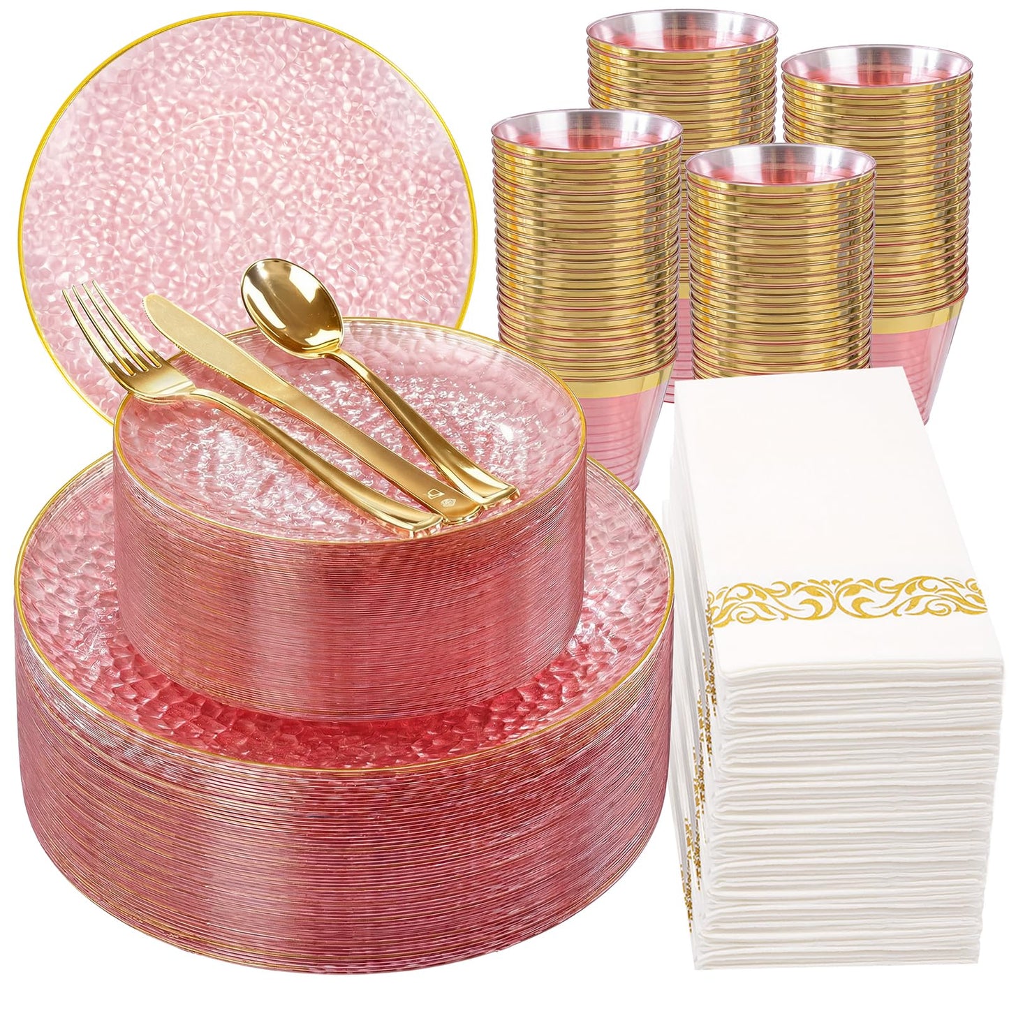 Rubtlamp 350 Pcs Clear Pink Plastic Plates, Pink Gold Plastic Dinnerware Set (50 Guests), Disposable Plates With Gold Rim, Hammered Party Plates Set for Wedding And Party