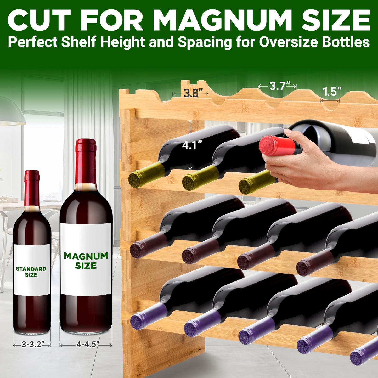 NutriChef Magnum Oversize 24 Bottle Stackable Modular Wine Rack, Upgraded 1” Thick Sideboard, .5” Rack Sticks, Sturdy Wobble Free Natural Bamboo Construction with Anti Moisture Protective Finish