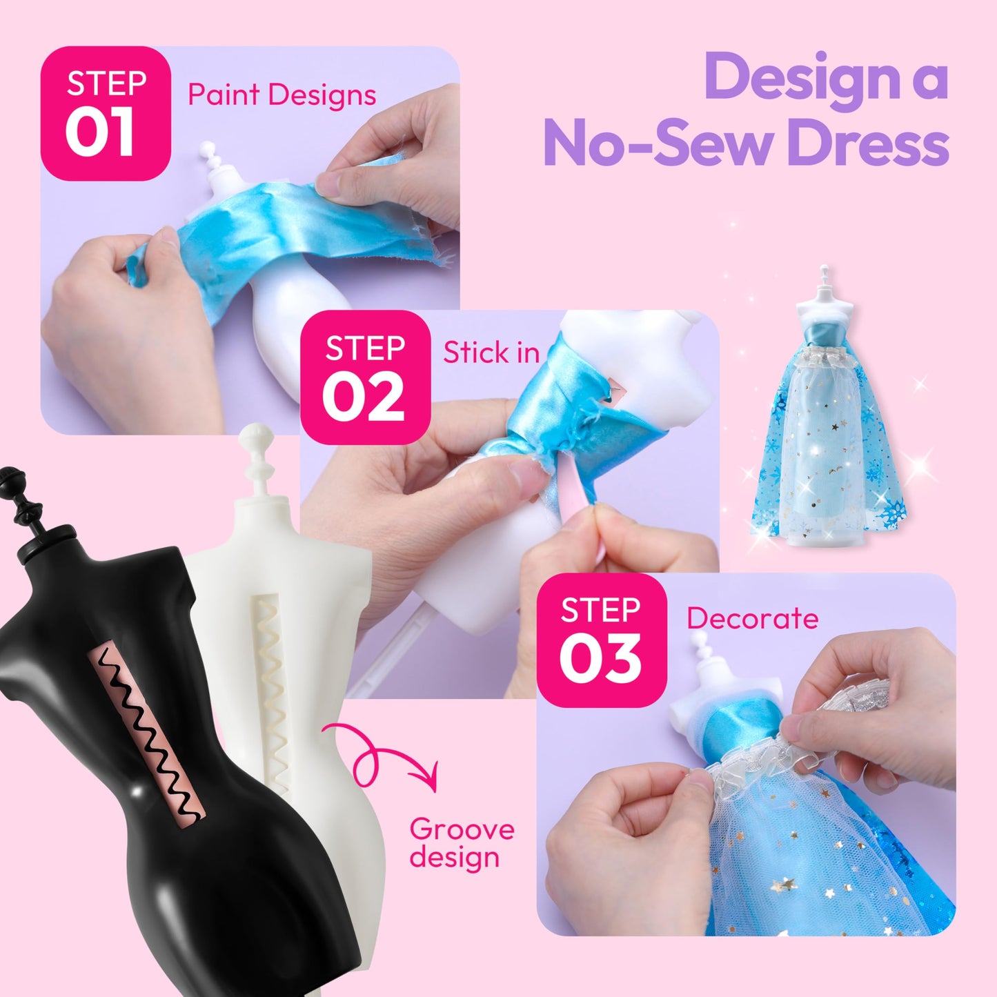 Klever Kits 400+PCS Fashion Design Crafts for Kids Art and Crafts Toy DIY Sewing Crafts with 3 Mannequins for Girls Aged 8-12，Christmas Toys Gifts for Kids