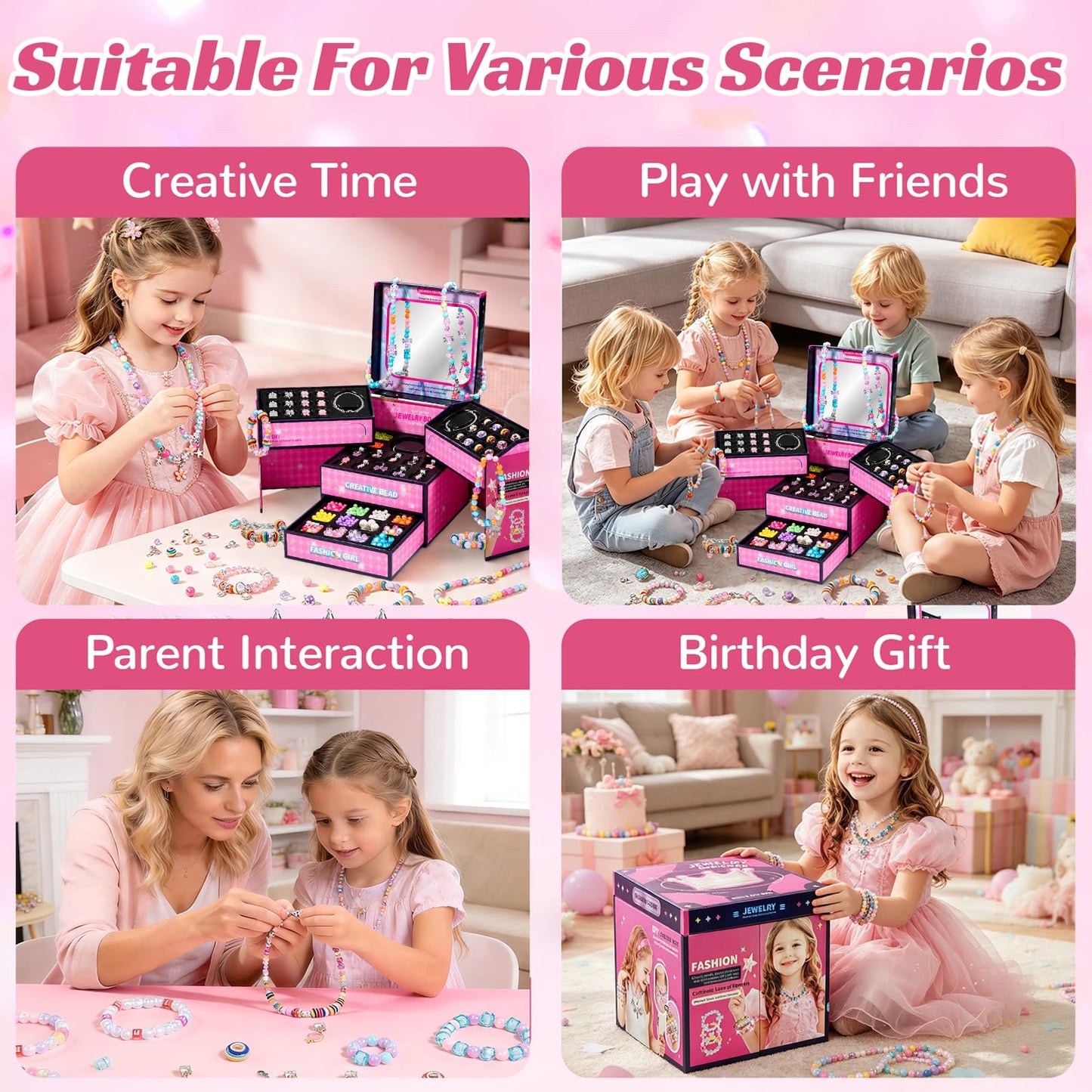 JeeMoien Charm Bracelet Making Kit for Girls 5 6 7 8-12, Friendship Bracelet Kit DIY Craft Jewelry Making Kit Birthday Gift Toy for 6 7 8 9 10 11 Year Old with Portable Jewelry Box, Pink