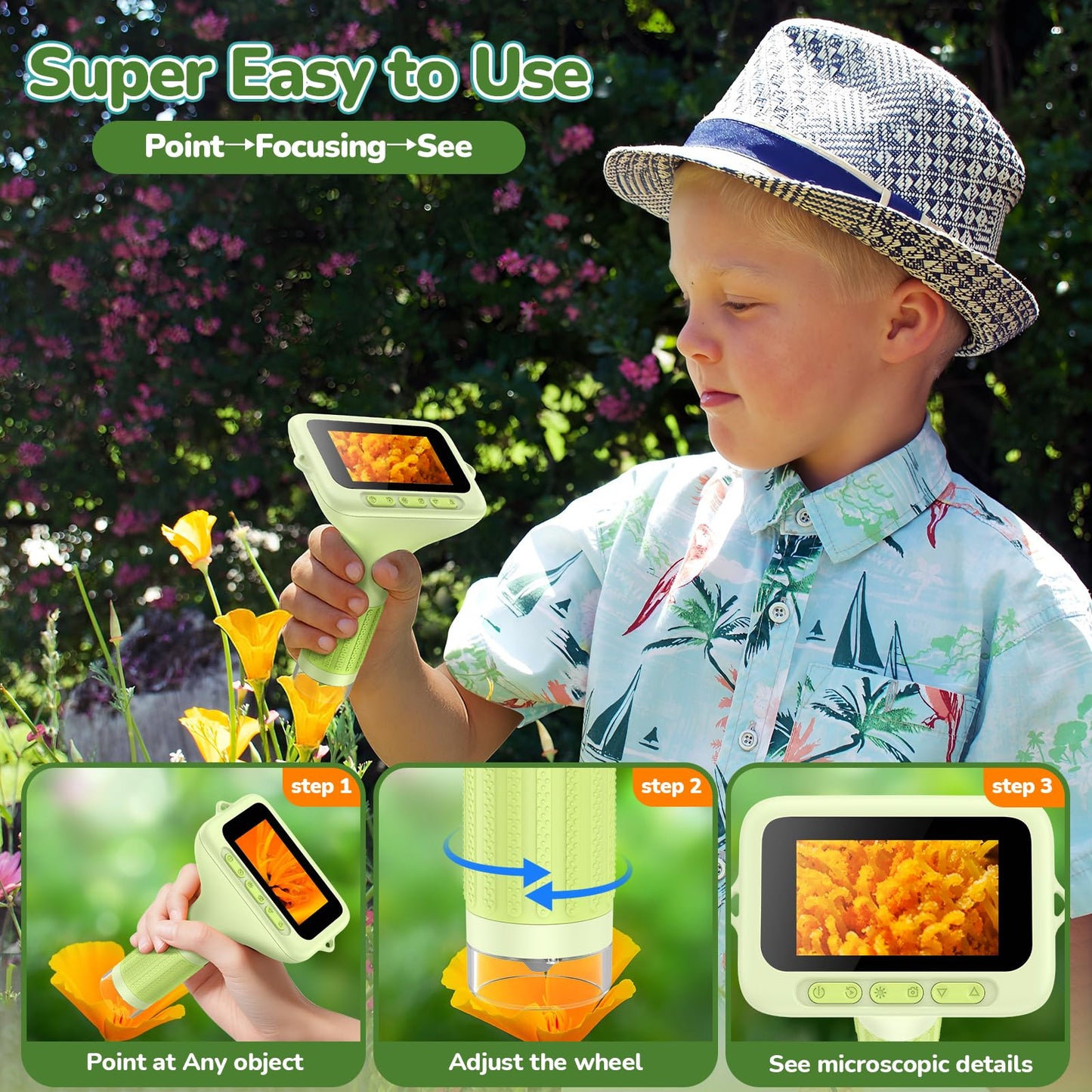 3.0" Screen Digital Microscope for Kids: 1000X Rechargeable Mini Pocket Portable Miniscope Magnifying Glass 4K Coin Jewelry Loupe Edu Science STEM Toy Xmas Gift 4-12 Boys Girls