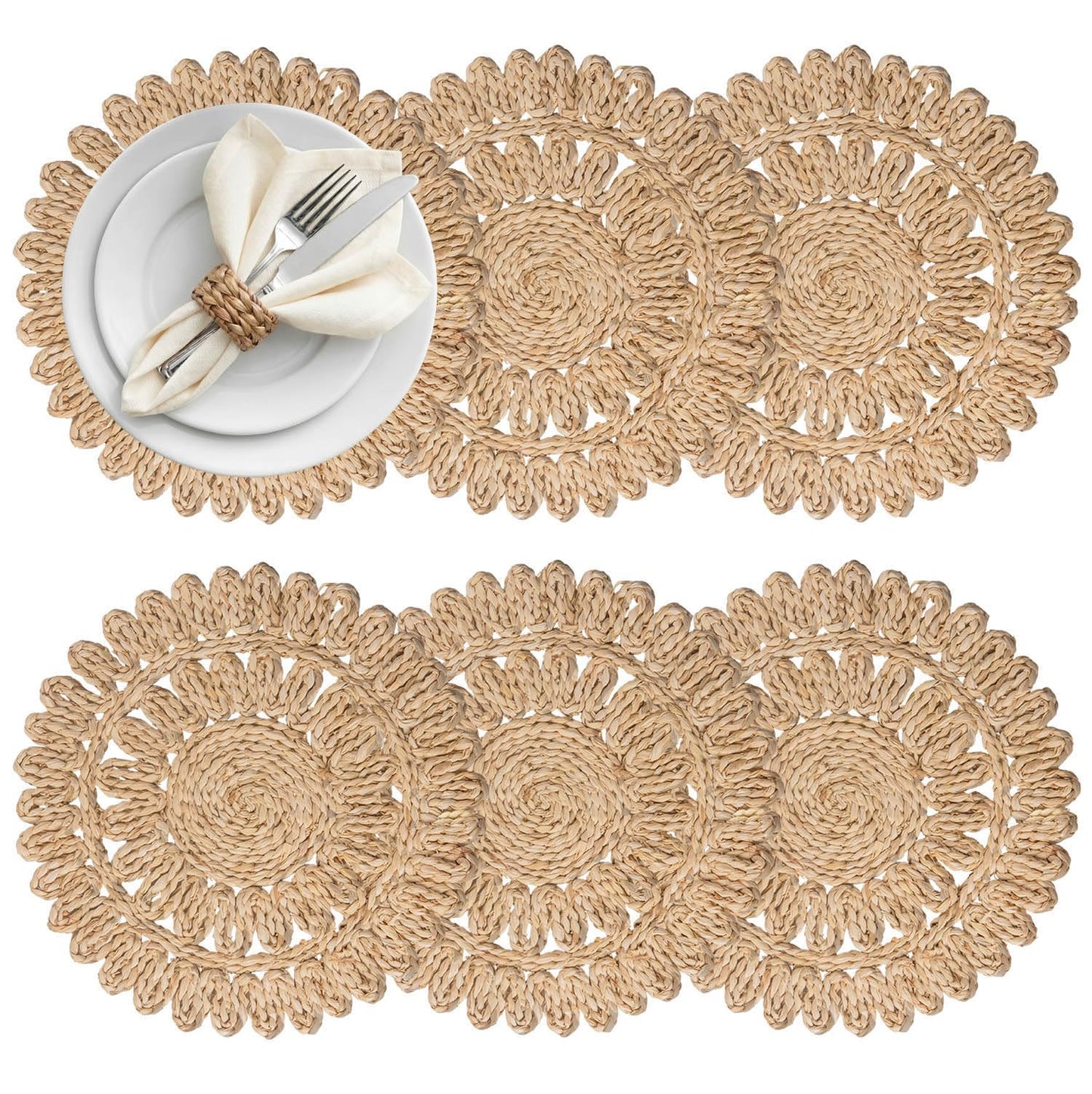 DELAQIKO 13.8" Round Corn Husk Placemats | Boho Woven Rattan Table Mats | Natural Spring Farmhouse Plate Chargers | Handmade Rustic Wicker Place Mats for Christmas Wedding (Set of 6)