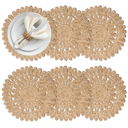DELAQIKO 13.8" Round Corn Husk Placemats | Boho Woven Rattan Table Mats | Natural Spring Farmhouse Plate Chargers | Handmade Rustic Wicker Place Mats for Christmas Wedding (Set of 6)
