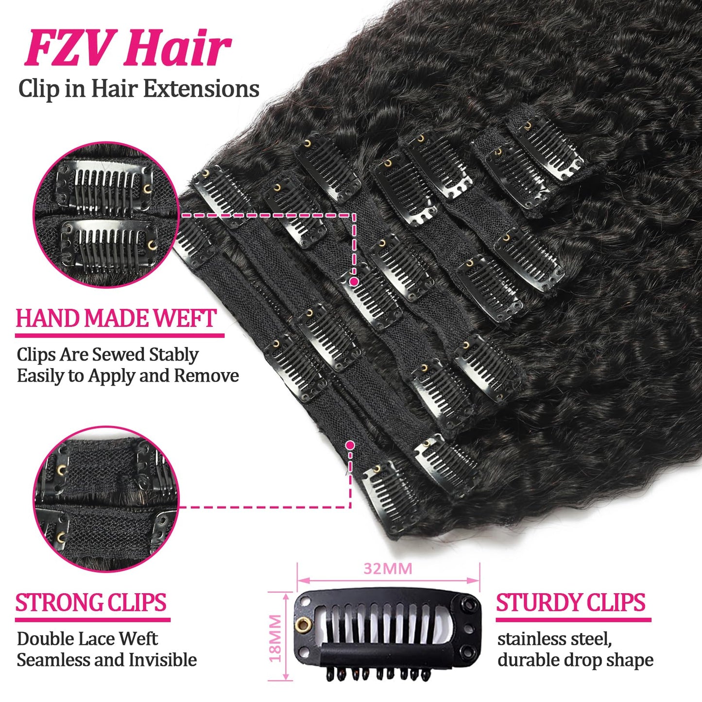 Kinky Straight Clip in Hair Extensions Real Human Hair 8Pcs 120g Kinky Clip Ins Full Head Brazilian Remy Hair Extensions for Women Natural Black Double Weft Hair Extensions Clip Ins 20 Inch