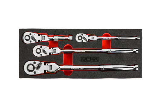 ARES 42040 - Flex Head Ratchet Set - 4-Piece 72-Tooth Ratchets - Premium Chrome Vanadium Steel Construction & Chrome Plated Finish - Quick Release Reversible Design with 5 Degree Swing