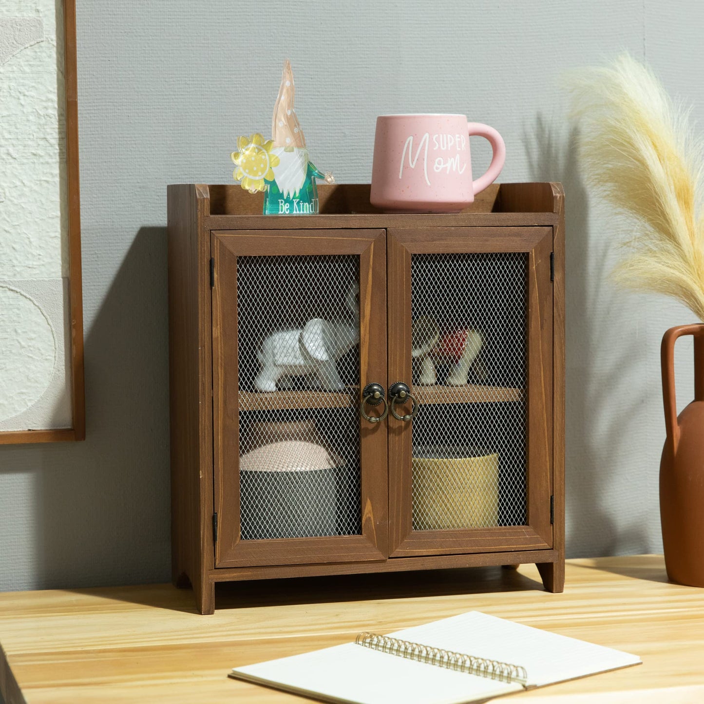 COLLECTIVE HOME - 2 Tiered Storage Cabinet, Countertop Cabinet, Wood Organizer for Kitchen Living Room Bedroom Bathroom Office with Magnetic Door, 15.75 x 14.5 x 6.5, Brown, 01