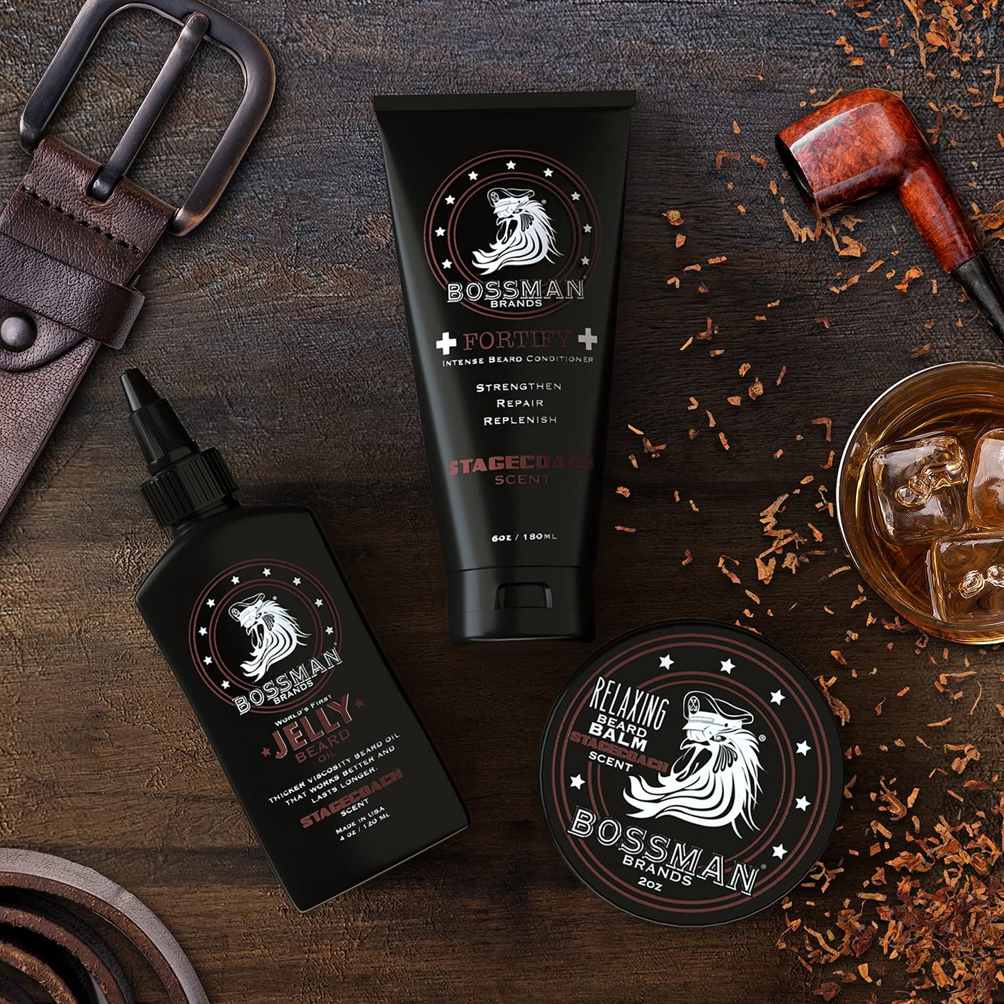 Bossman Essentials Beard Kit for Men – Beard Oil Jelly, Fortifying Conditioner Cream & Beard Balm – Grooming Care Accessories (Stachecoach Scent)