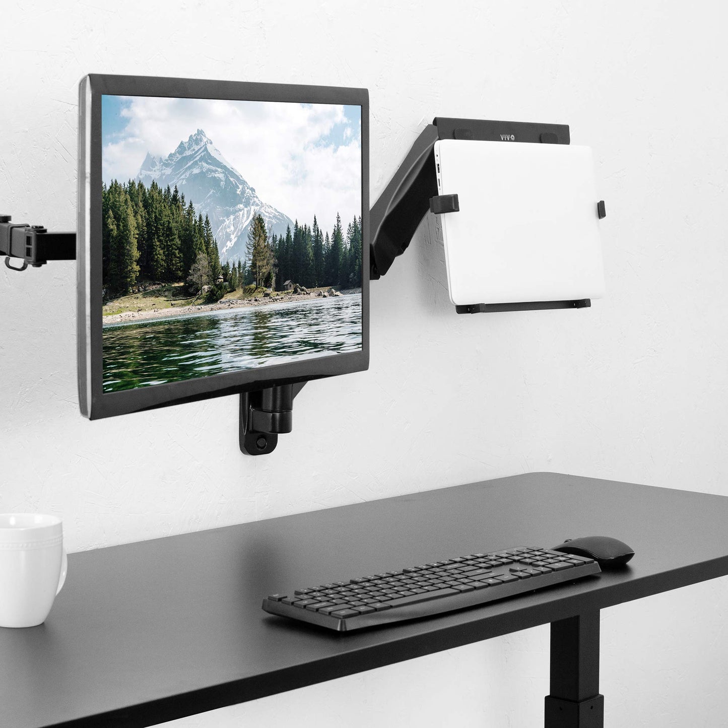 VIVO Height Adjustable Pneumatic Extended Arm Laptop Wall Mount, Full Motion Articulating Notebook Tray, Fits 10 to 15.6 inch Screen, Black, MOUNT-V001GL