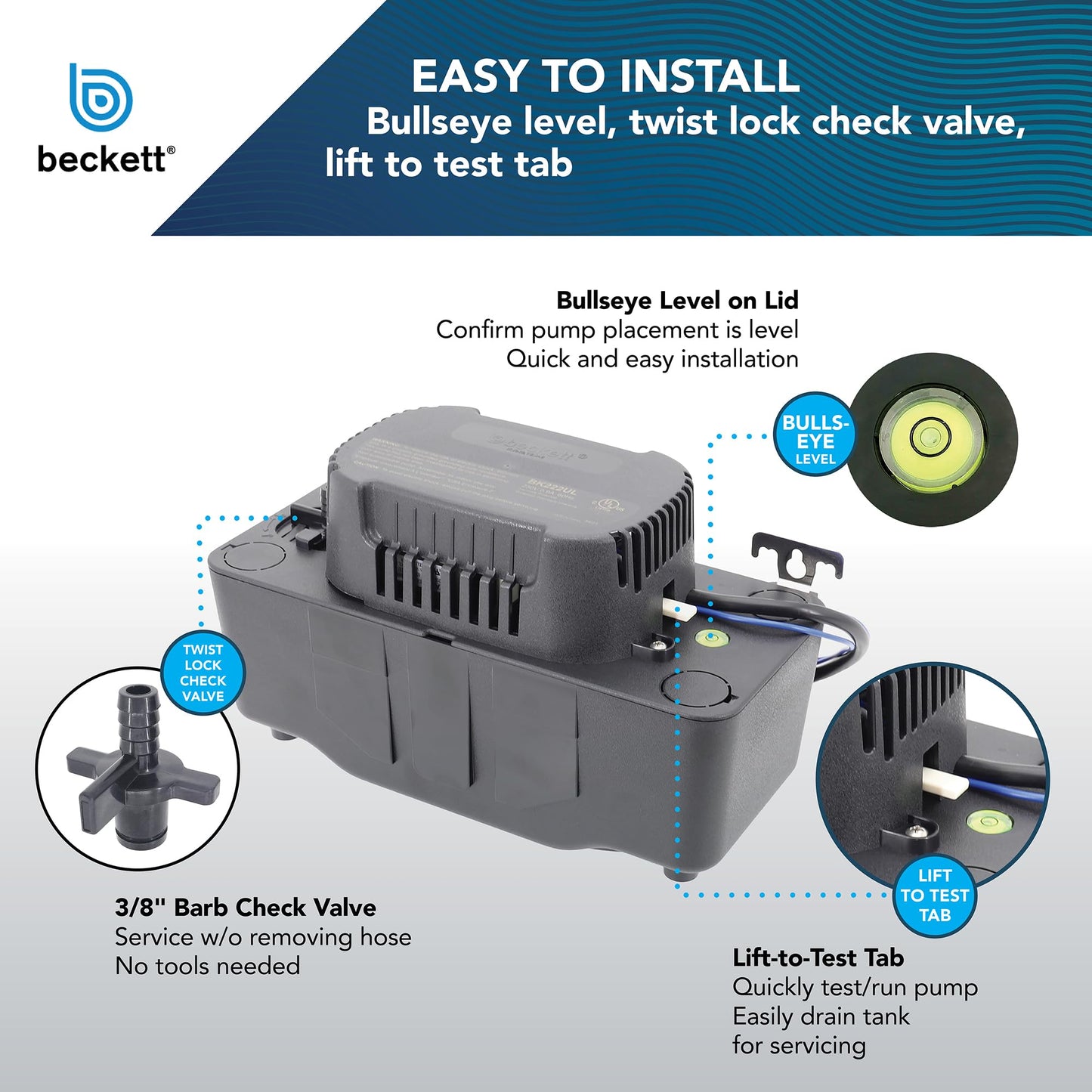 Beckett BK171UL Condensate Pump with Safety Switch, 115V, 17 ft Max Lift, 112 GPH, Automatic On/Off Operation, Black