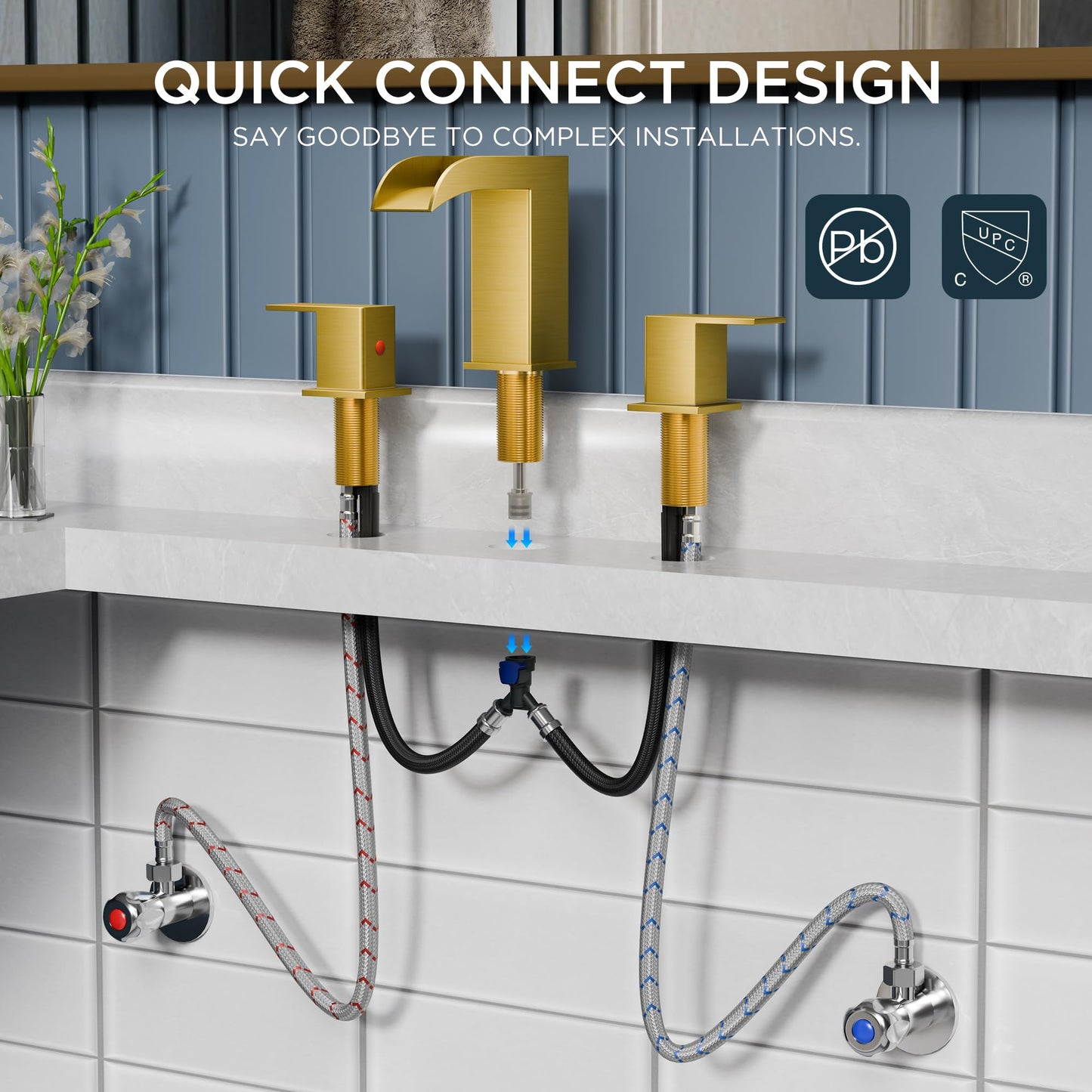 QFN Gold Bathroom Sink Faucet 3 Hole, 8 Inch Widespread Waterfall Square Bathroom Faucets with Metal Pop-up Drain and Cupc Hose Two Handle for Vanity, Lavatory Sink
