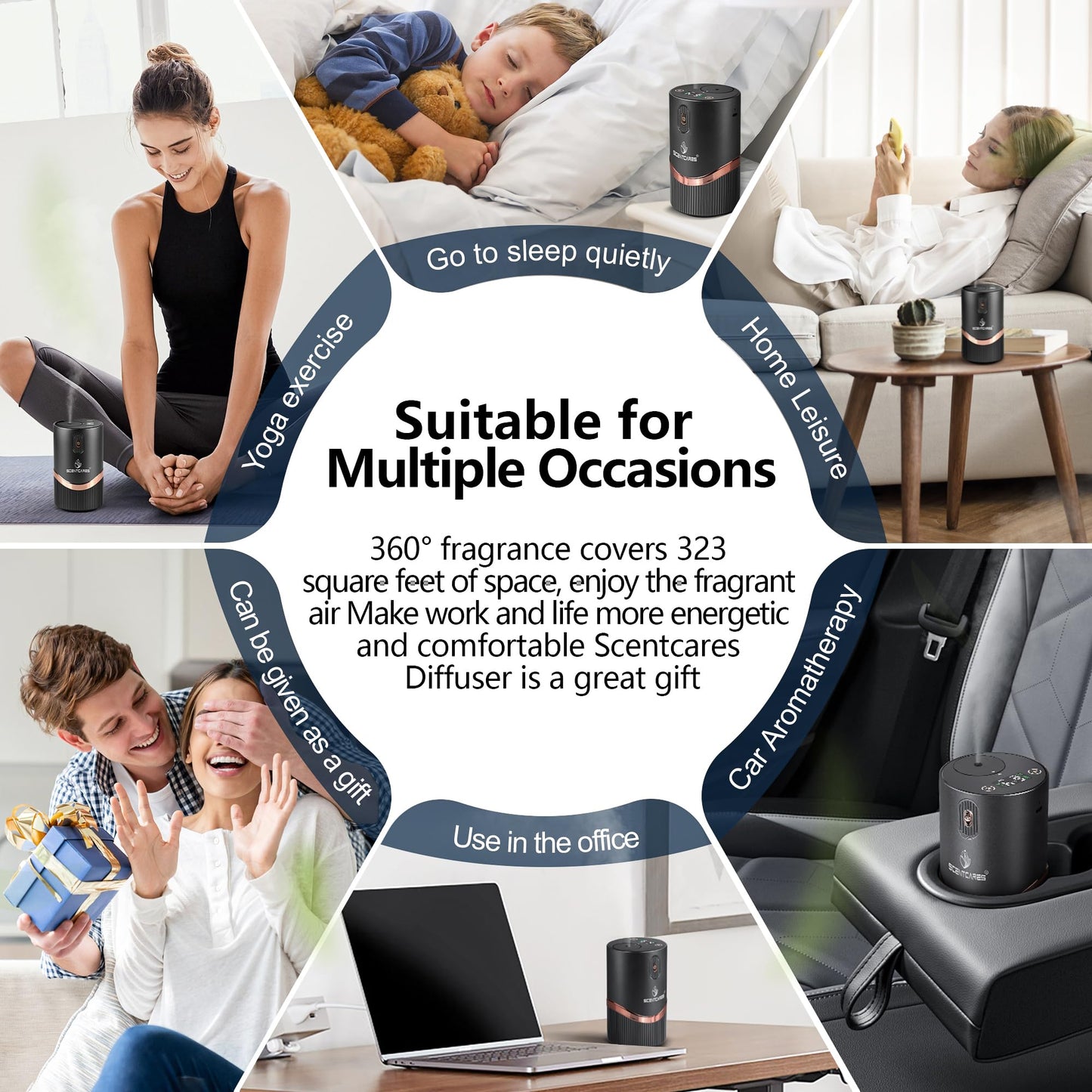 Waterless Diffuser for Essential Oil, Waterless Diffuser - Car Diffuser with Warm LED, Automatic Power-Off, Multifunction 4 Cold Mist & Timer 1/2/4/6H