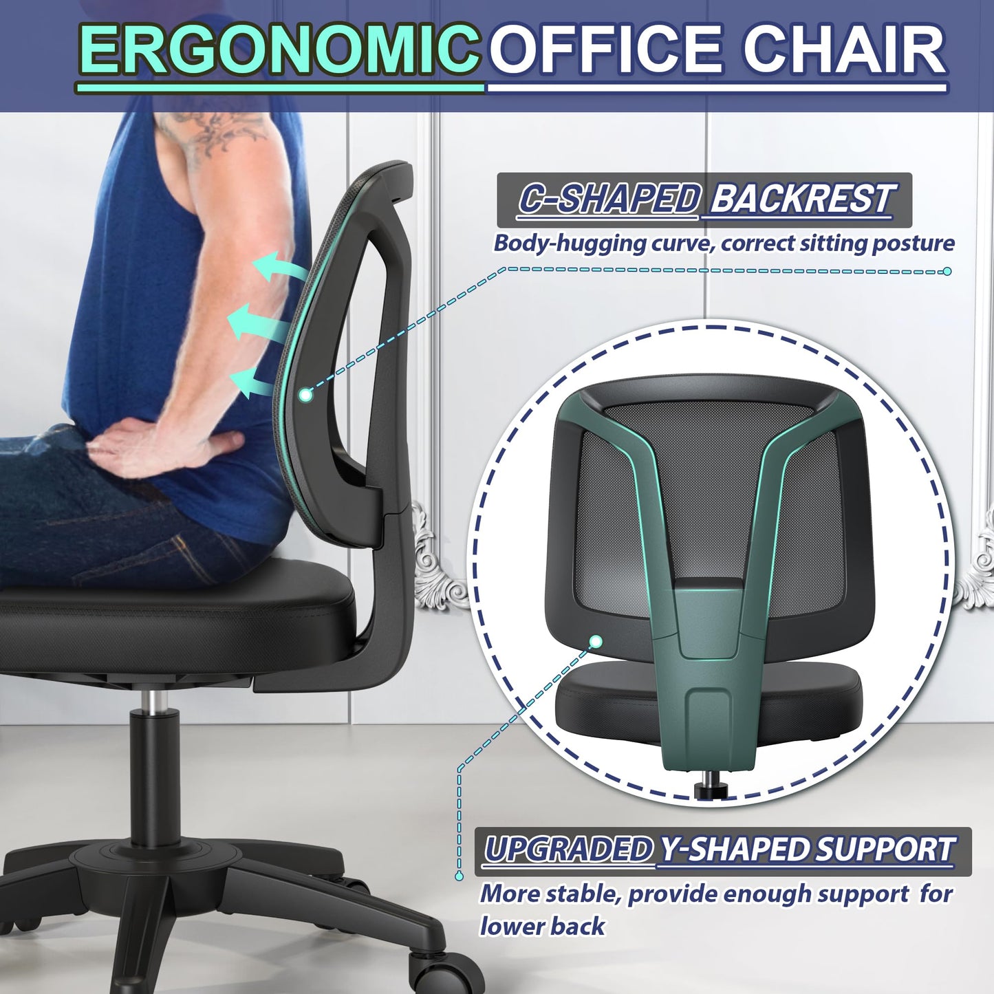 Armless Office Desk Chair No Arms with Back Support Rolling Wheels for Home Study Work
