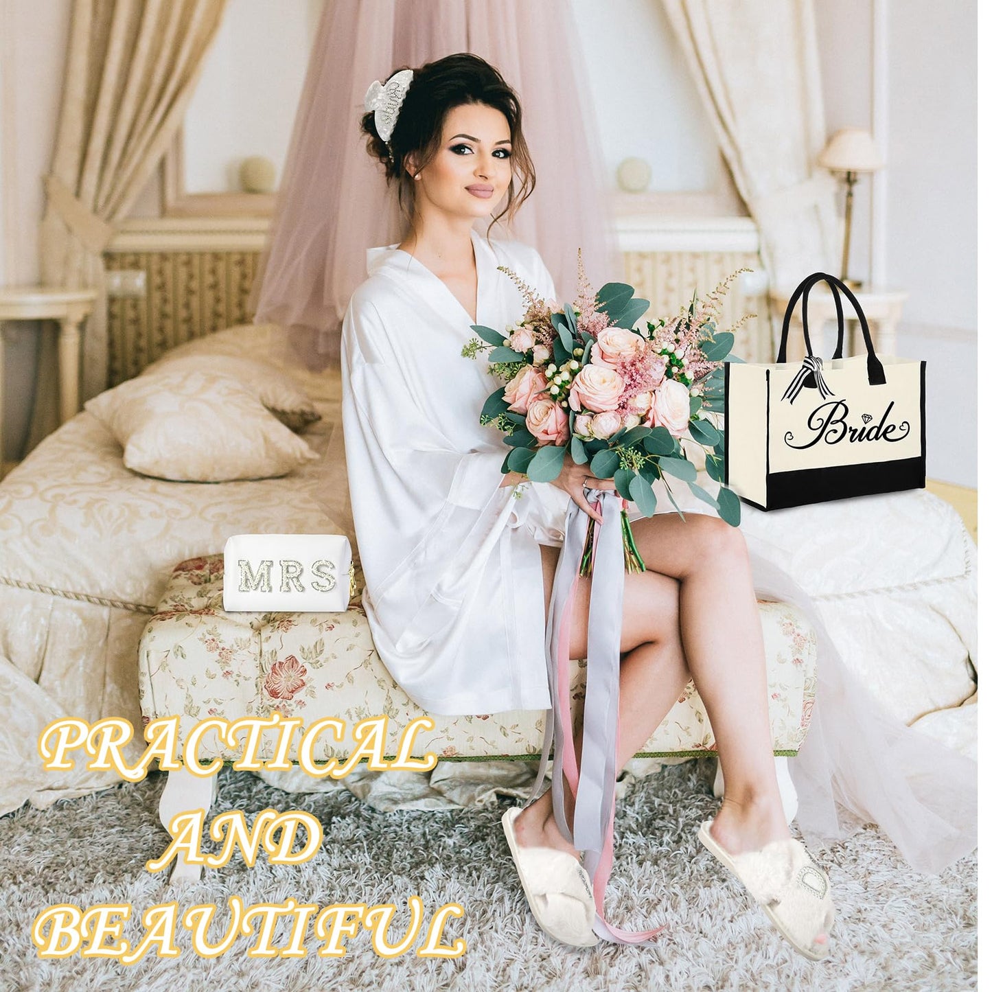 Tkifoda Bride to Be Gifts - Bridal Shower & Wedding Gifts: Bride Tote Bag, Makeup Bag, Robe, Slippers, Hair Clip, I Do Slippers, Wedding Robe, Cosmetic Bag
