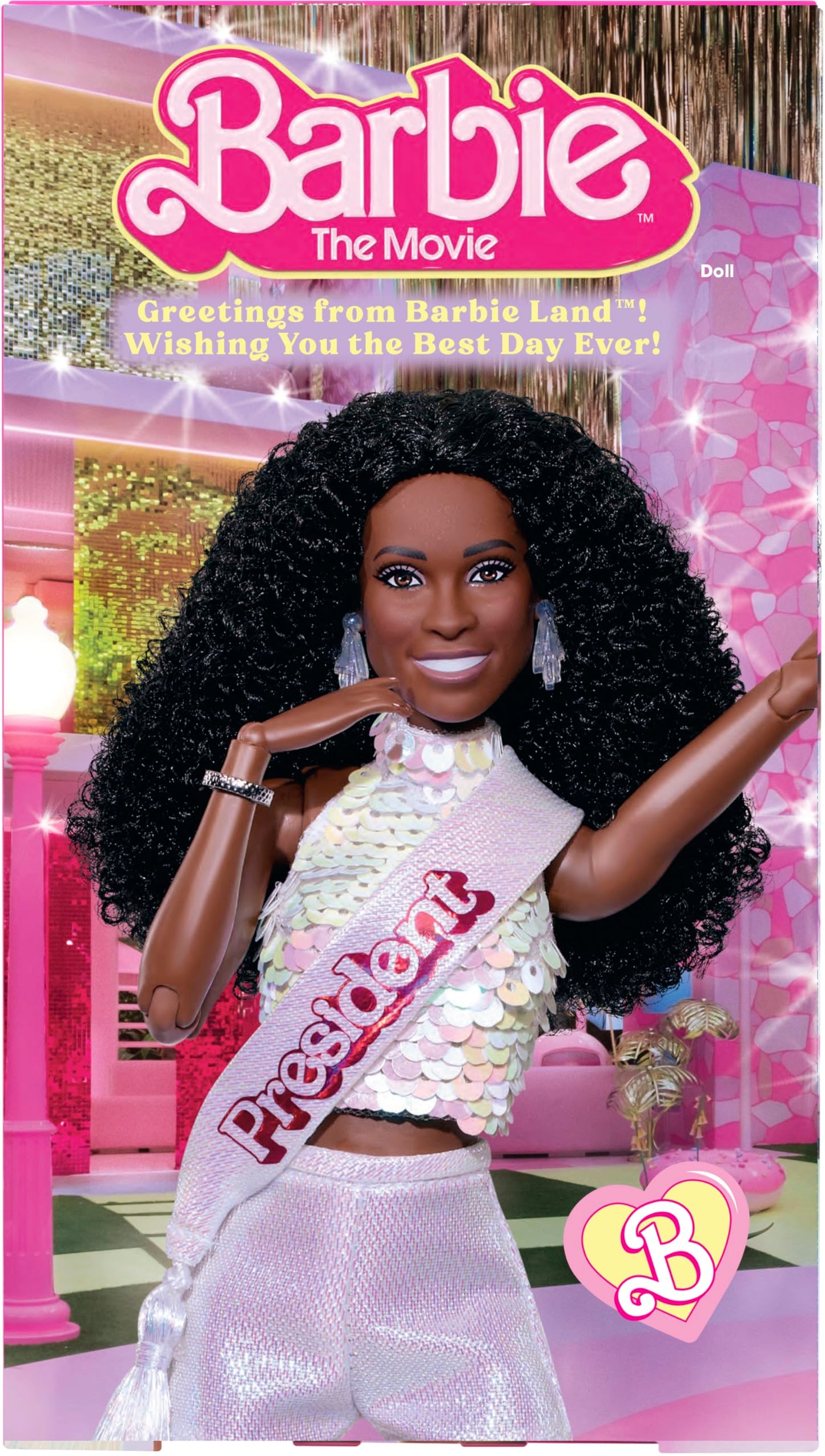 Barbie The Movie President Collectible Doll, ISSA Rae as President Wearing Shimmery White Blouse & Short Set, with Dark Curly Hair & President Sash