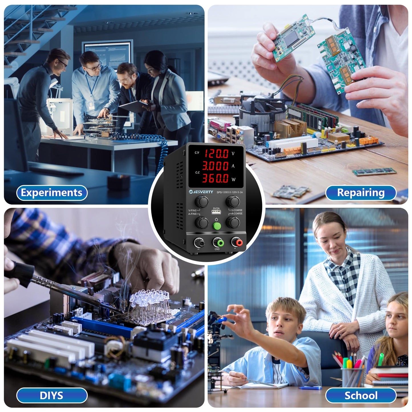Jesverty DC Power Supply Variable, 0-120V 0-3A Adjustable Switching DC Regulated Bench Power Supply with High Precision 4-Digit LED Display, 5V/2A USB Port, Coarse and Fine Adjustment SPS-12003