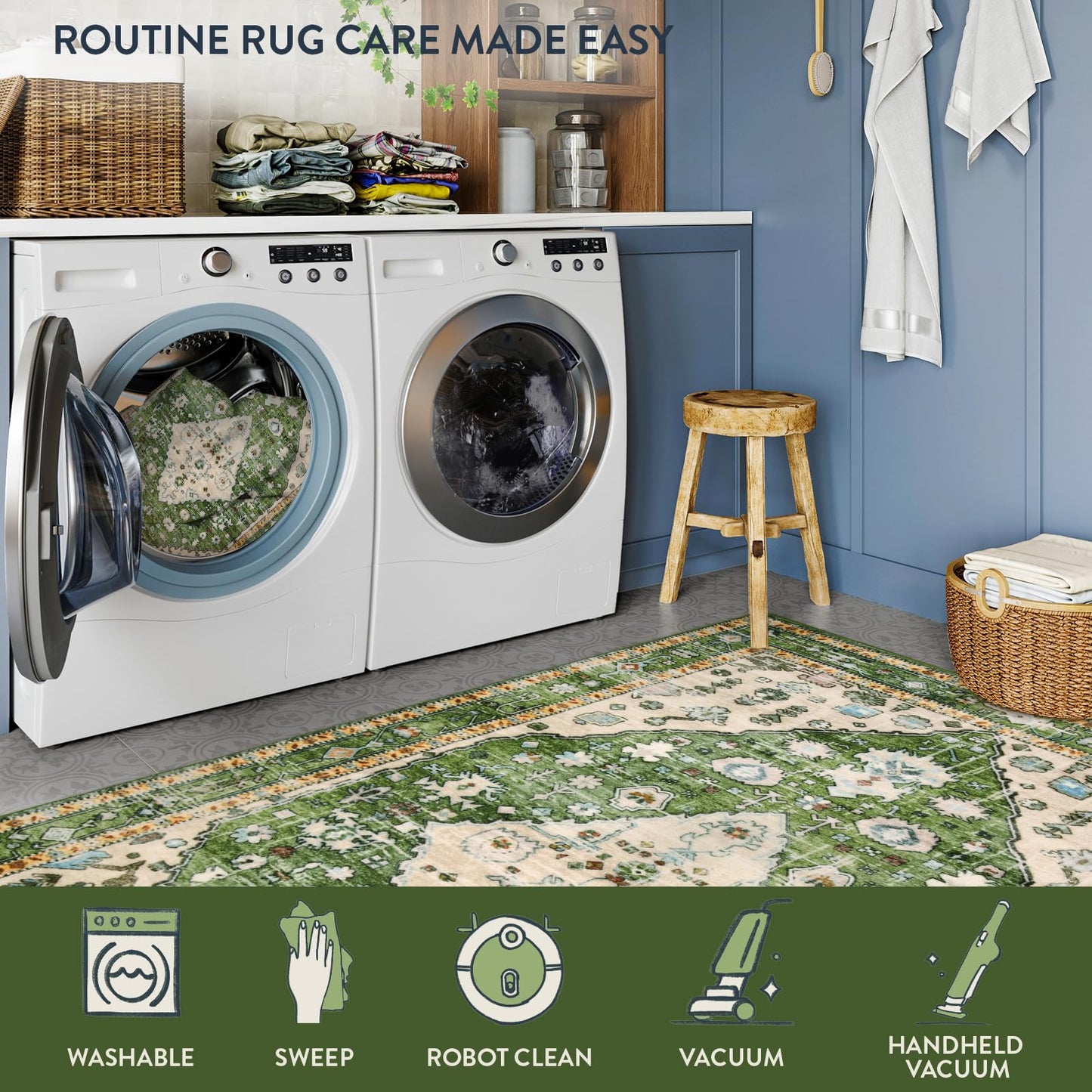 Lahome Boho Tribal Area Rug - 4x6 Green Machine Washable Bedroom Rugs for Living Room, Disstressed Soft Non Slip Indoor Nursery Floor Mat Carpet for Kitchen Table Home Office Camper RV Bar