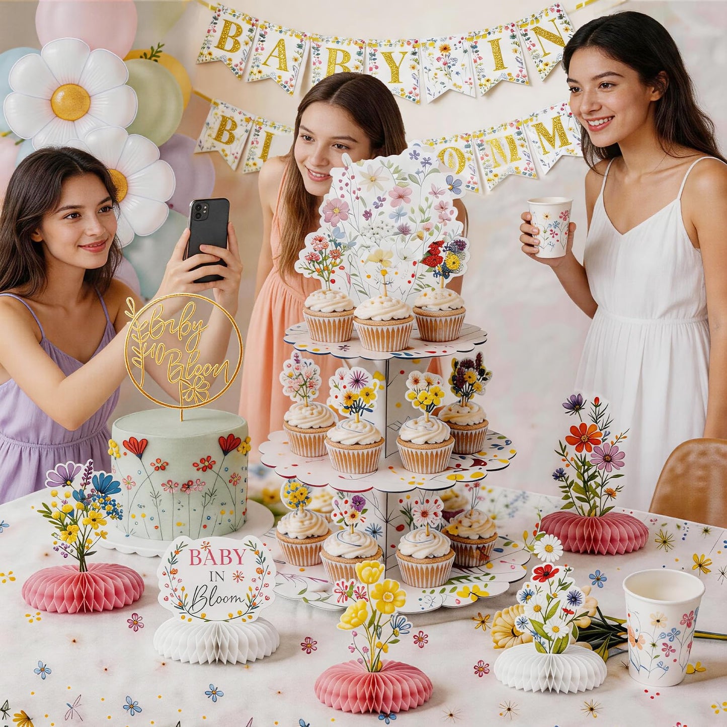Baby In Bloom Baby Shower Decorations, 175Pcs All in One Set Wildflower Baby Shower Decorations Boxes Banner Backdrop Tablecloth Cake Topper Balloon Sash for Floral Baby in Bloom Shower Party Girls