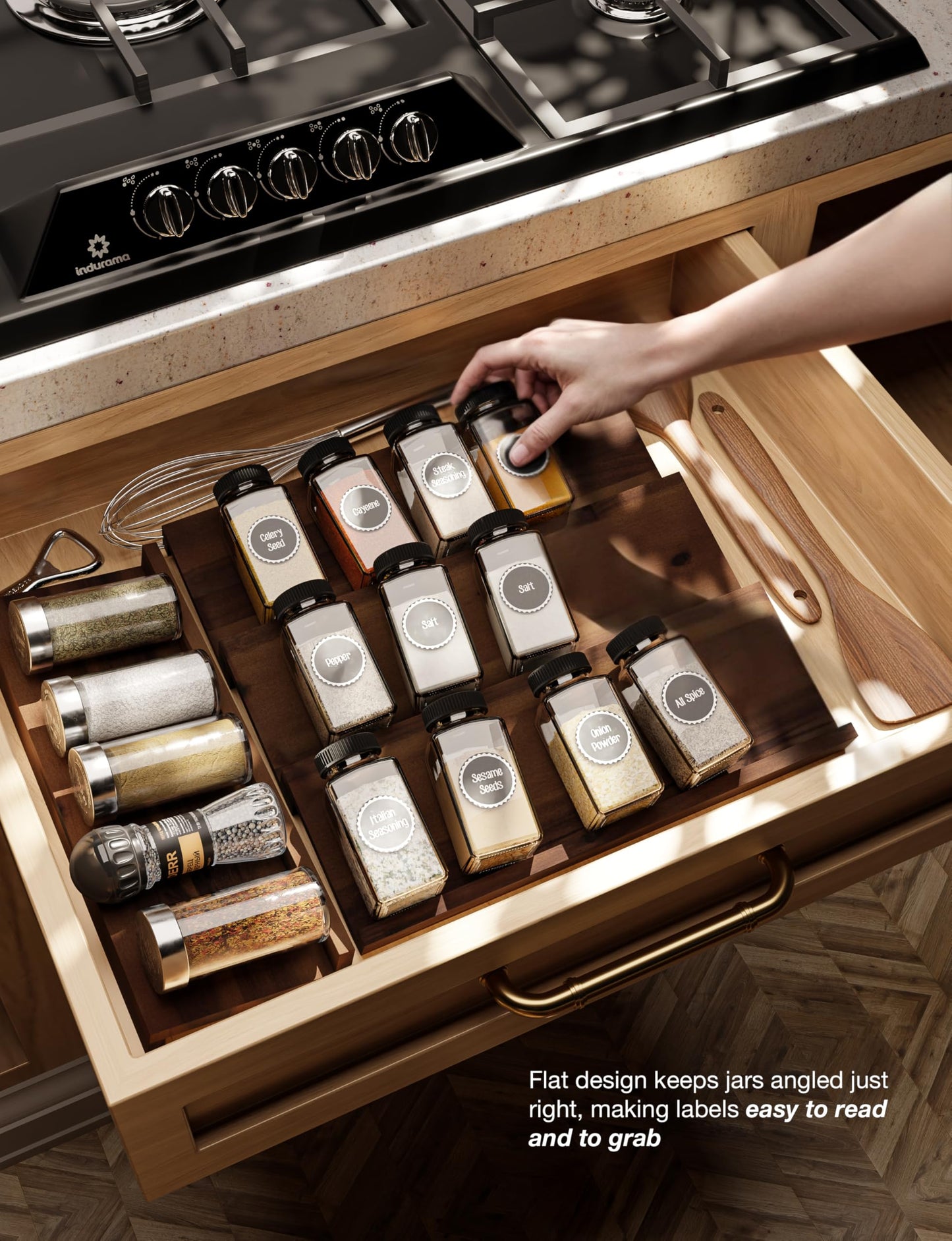 Tinamo Acacia Wooden Spice Rack Organizer for Cabinet - Spice Drawer Insert, Spice Organization for Cabinet, Seasoning Organizer, Spice Holder Pack of 8 (Walnut, Pack 8)