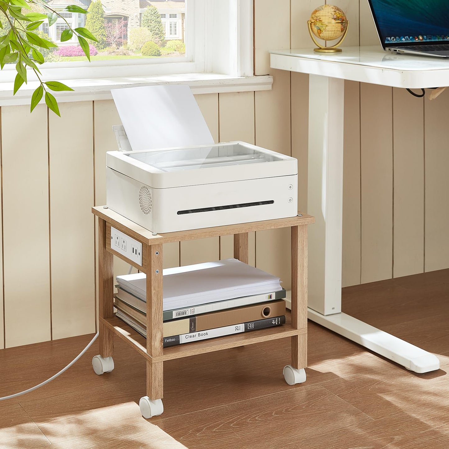 YUFAM 2 Tier Under Desk Printer Stand with Storage, Small Printer Table with Charging Station, Rolling Printer Cart Shelf with Lockable Wheels for Home, Office (Natural)