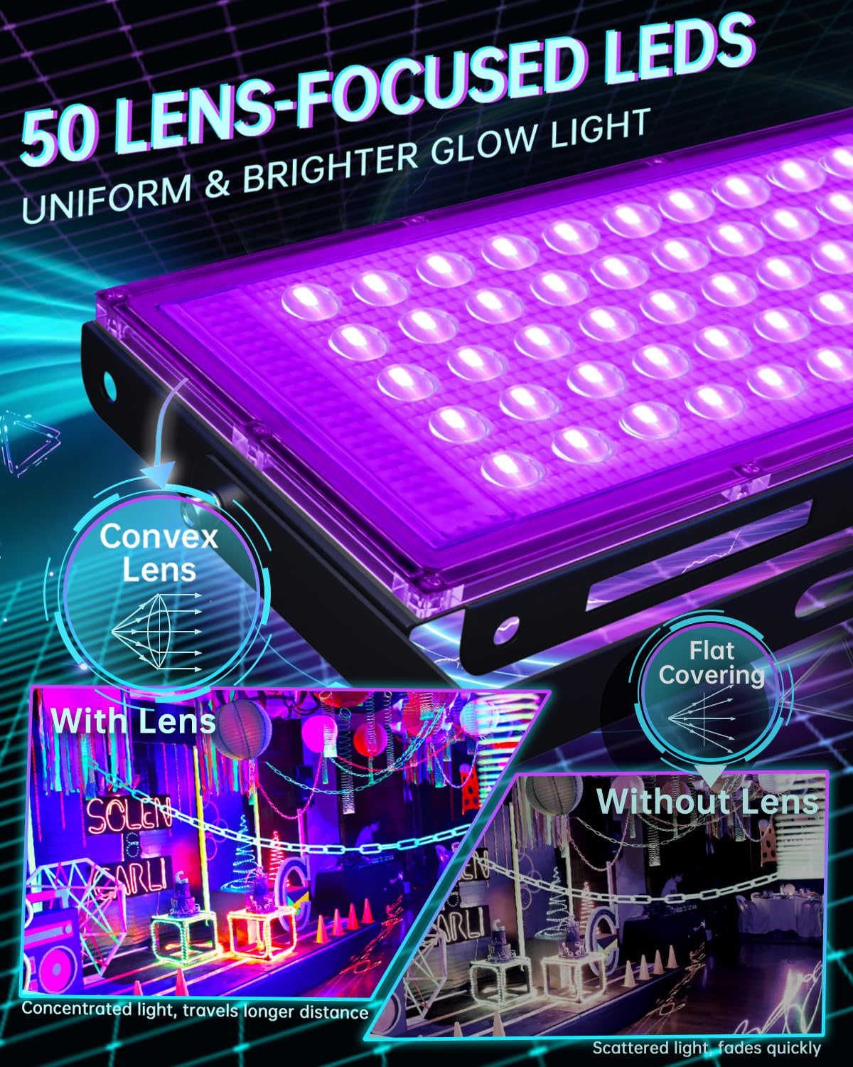 50W Black Lights with Switch+Plug, IP66 Waterproof, LED Blacklight Flood Light for Glow Party, Halloween, Bedroom, Fluorescent Poster, Body Paint, 4 Pack