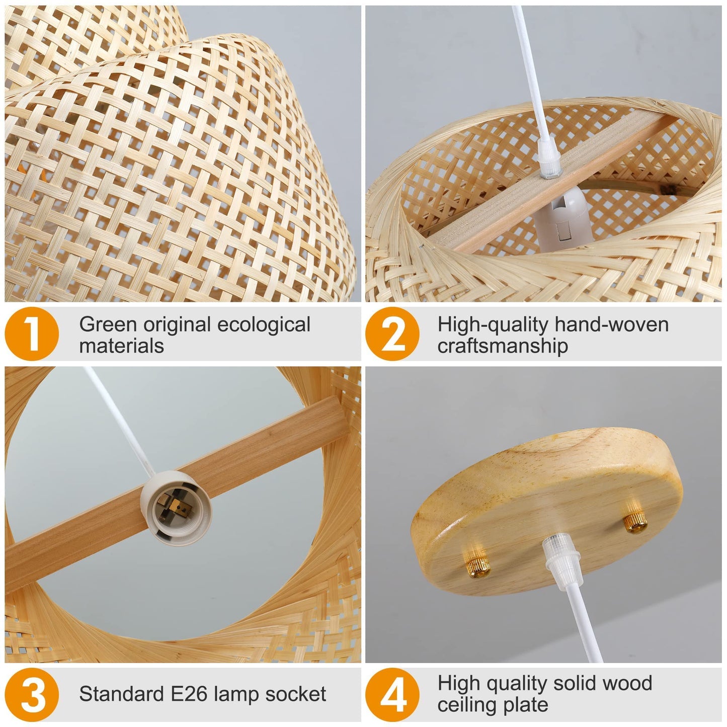 Karjearl Bamboo Pendant Light - Boho Basket Chandelier Handmade Woven Pendant Light, Natural Wicker Rattan Hanging Chandelier for Kitchen Island Dining Room Living Room Porch