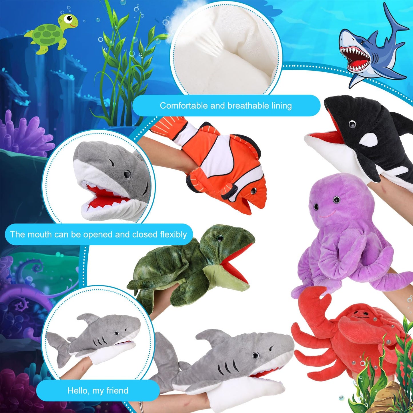 Liliful 6 Pieces Animal Hand Puppets Kids with Working Mouth Animal Puppets Toddler Plush Toy for Show Theater Birthday Easter Basket Stuffers,Sea