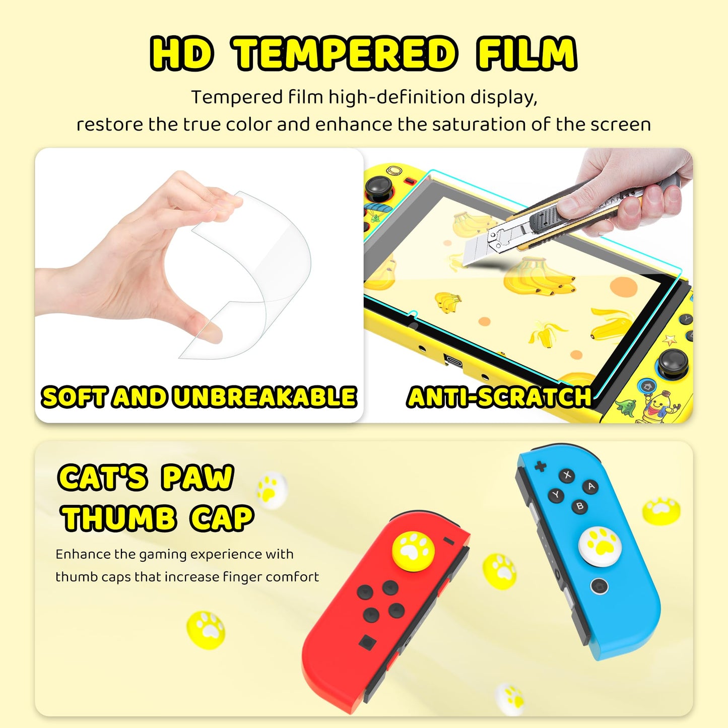 HYPERCASE Yellow Switch Case Kit for NS Accessories, with Portable Switch Carrying Travel Case, Hardshell NS Protective Cover Skin of Peely, HD Screen Protector & 2 Cute Thump Caps - Fit Boys Girls