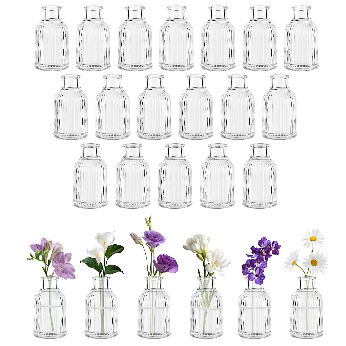 Glass Bud Vases Set of 24, Small Flower Vase in Bulk, Clear Mini Ribbed VaseS for Centerpieces, Modern Wedding Reception Table Decorations