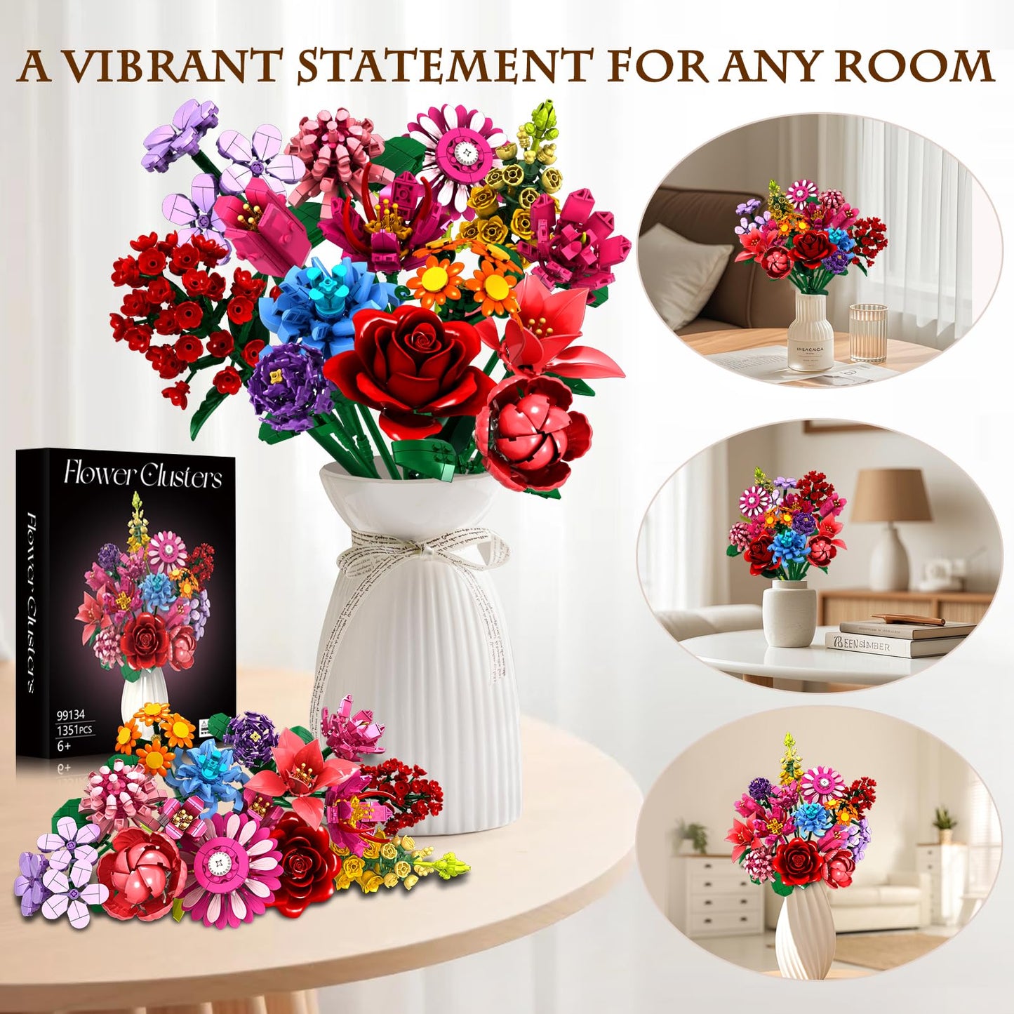 Linkowin Flower Bouquet Building Set,1316PCS Creative DIY Plant Bouquet Decoration,14 Artificial Flowers Botanical for Adults Women Girls Ages 6+,Idea Gifts for Mother's Day, Birthdays, No Vase