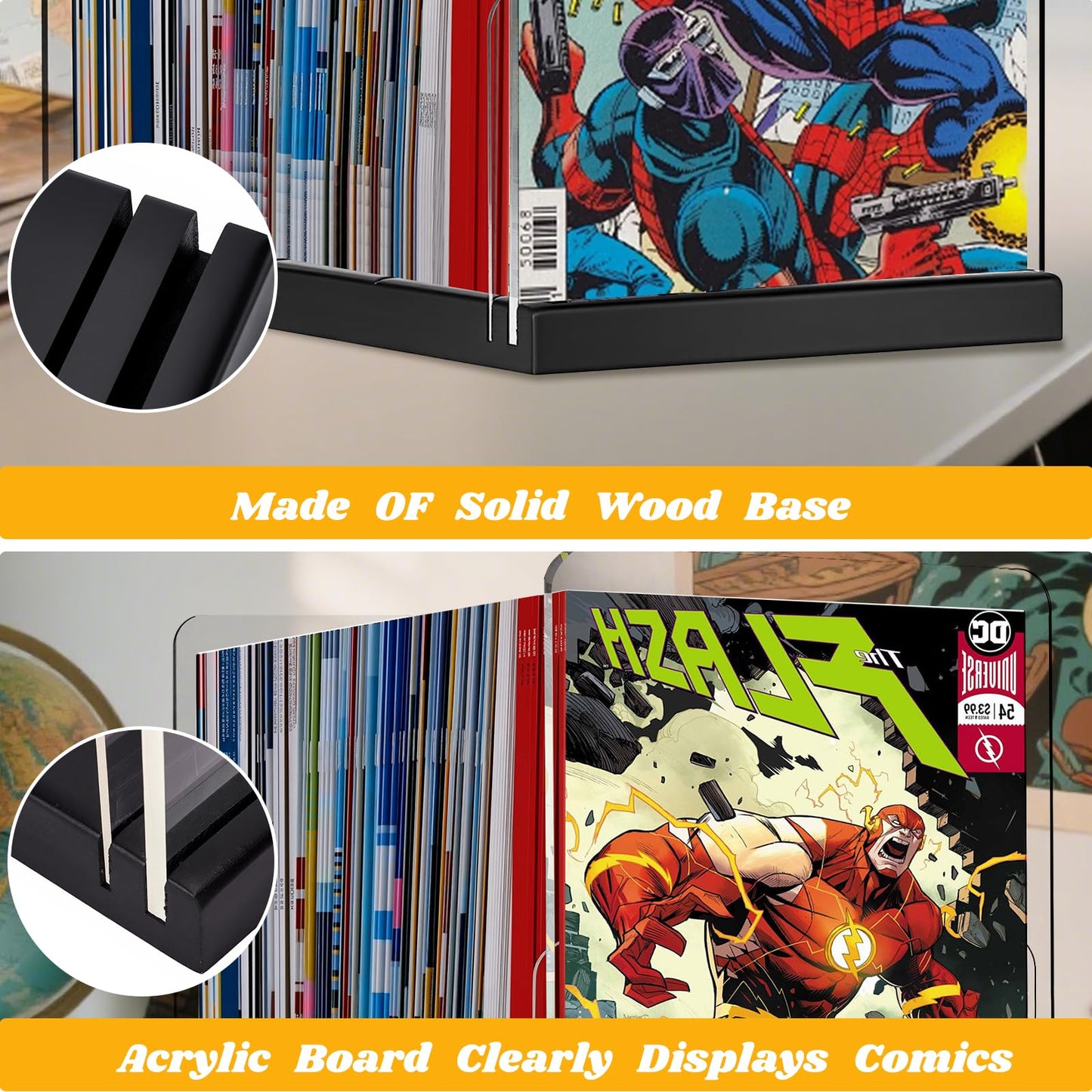 EZFXHD WTER Comic Book Storage Holder，Wood Comic Book Case with three acrylic dividers，Acrylic Comics Book Box，Bin & Organizer，Stores Up To 150 Comics (Black)