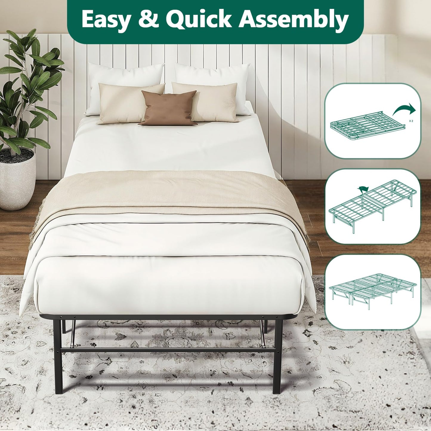 FurniEdge 14 Inch Foldable Twin Size Bed Frame, Heavy Duty Metal Platform Bed with Underbed Storage, Noise Free, Tool-Free Easy Assembly, No Box Spring Required