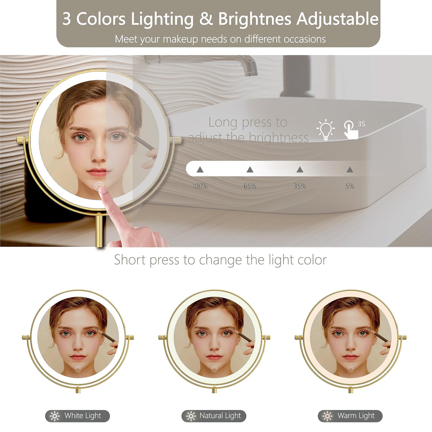MIROAMZ 8" Lighted Makeup Mirror, 1X/10X Magnification Mirror with Lights, Double Sided Dimmable Mirror, Rechargeable & Brightness & Height Adjustable, Cordless Vanity Mirror(Gold)
