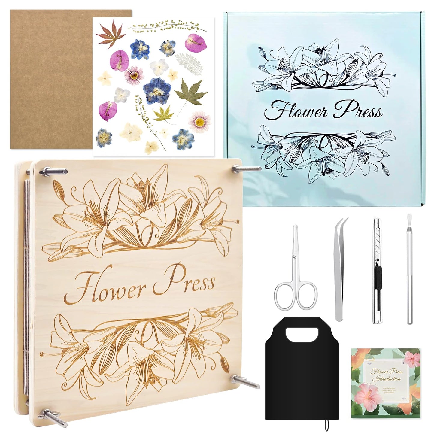 GTQYYF Premium Flower Press Kit, 11" x 11" Large Wooden Plant Press for Bouquet Preservation, 10-Layer Professional Press with Complete Tools & Storage Bag for Botanical Art & DIY Crafts