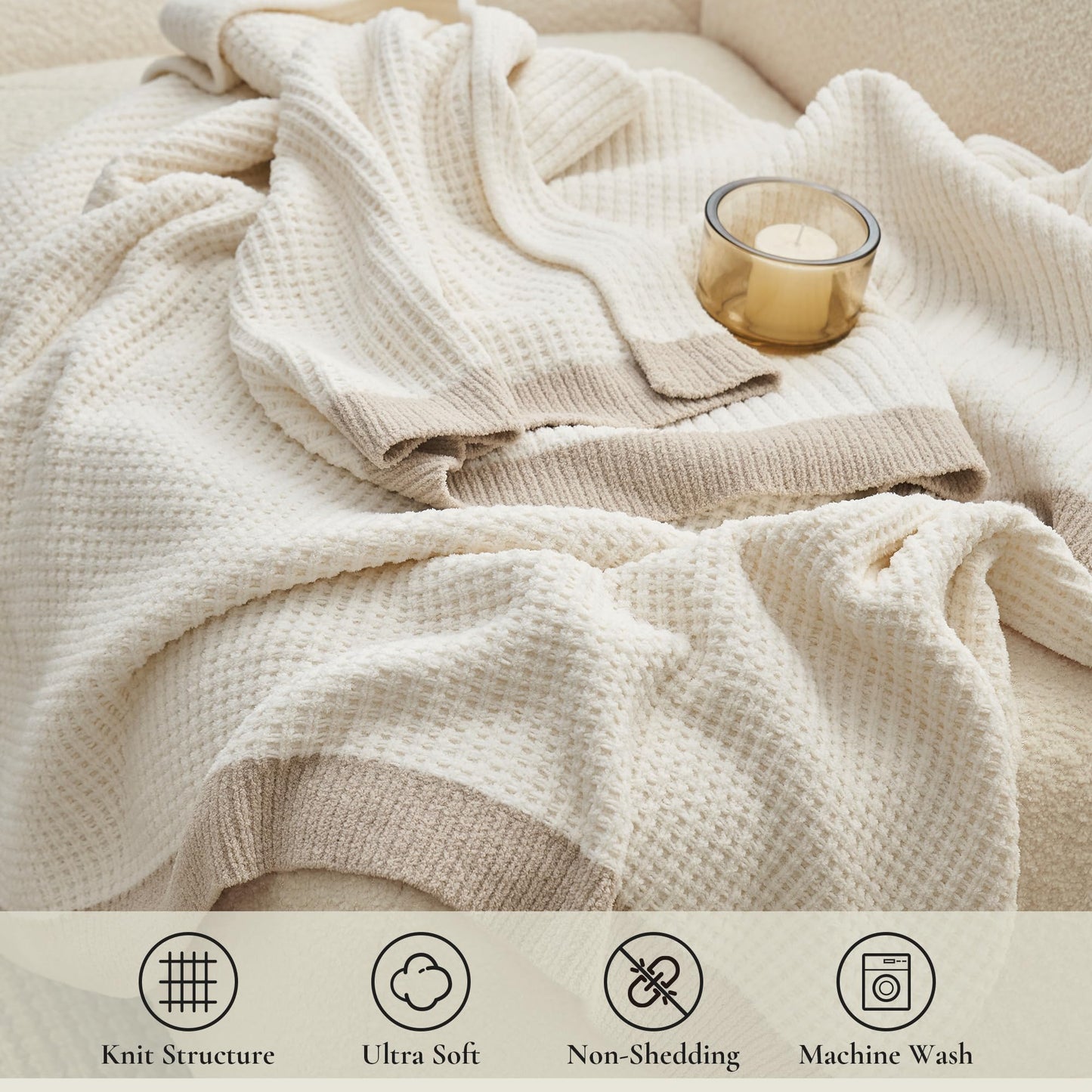 Amélie Home Chenille Waffle Queen Size Bed Blanket, Reversible Soft Cozy Knit Blanket Lightweight Warm Decorative for Bedroom, 90"x90", Ivory