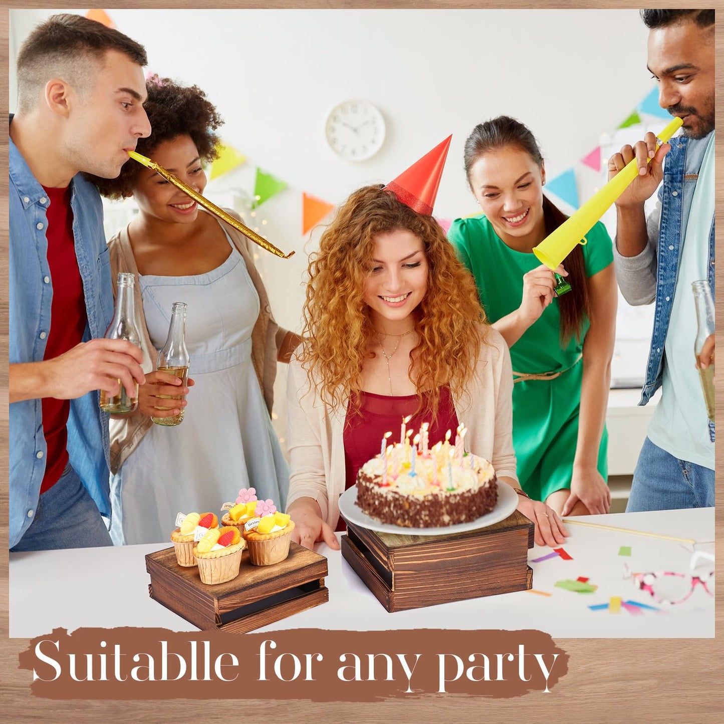 Lallisa 8 Pcs Buffet Risers with Mini Signs Bulk Food Risers for Table Rustic Wood Cake Stands Buffet Crate Wooden Dessert Display Stand with Hollow Bottoms for Wedding Birthday Party, 4 Sizes