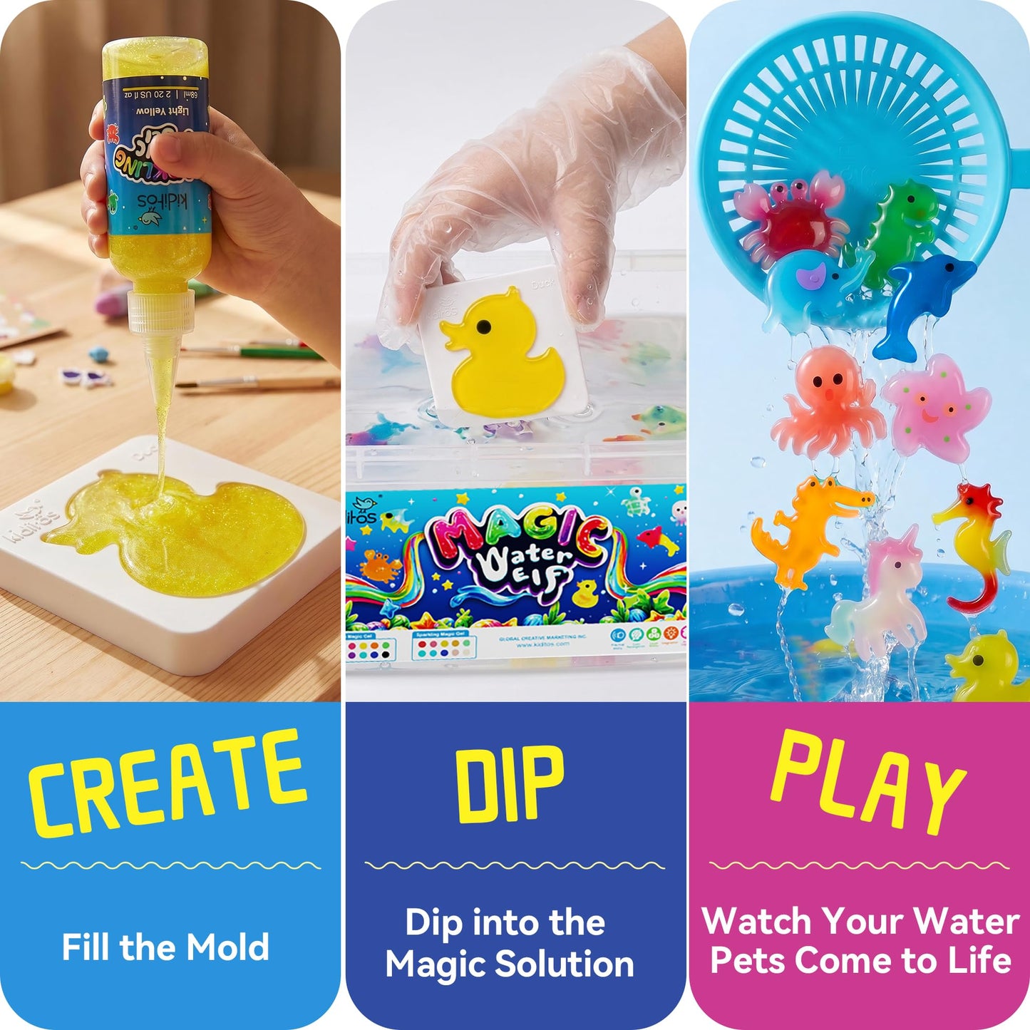 Kiditos Magic Water Elf Toy Kit–Squishies for Kids, 25 Gels & 20 Molds, Magic Gel Water Pets Sensory Toy, Fun DIY Craft Kit, Party Favors, Birthday & Christmas Gifts for Kids Ages 3+