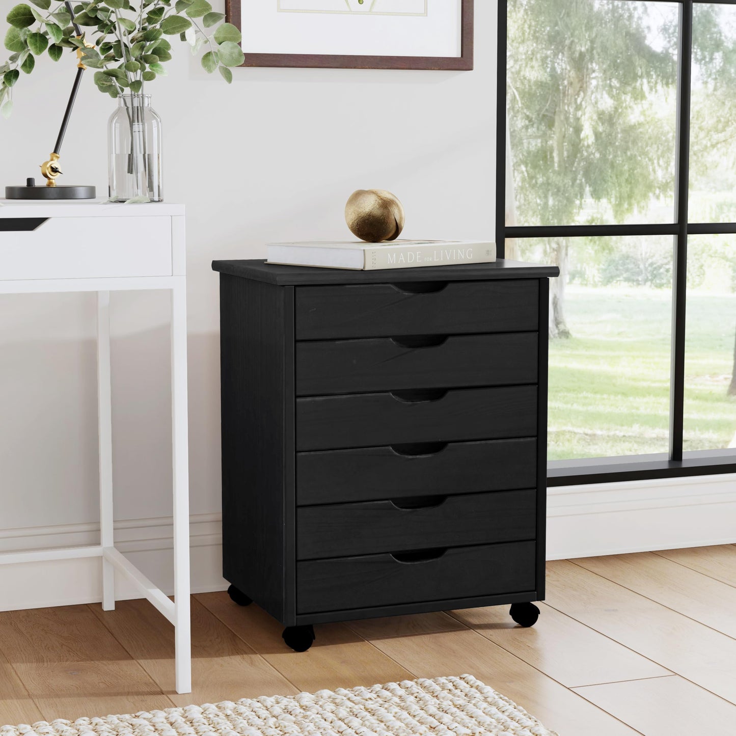 Linon Corinne Black Six Drawer Wide Rolling Storage Cart