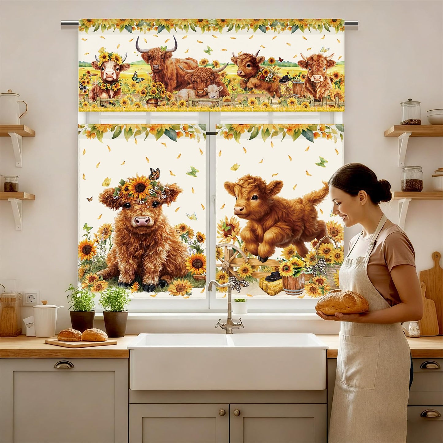 Hillsuren 13 Pcs Farmhouse Highland Cow Kitchen Decor Set 3 Cow Kitchen Curtains Valance 2 Sunflower Rugs and Mats 4 Towels 2 Pot Holders 2 Oven Mitts for Home Decor Cooking Grilling Housewarming Gift