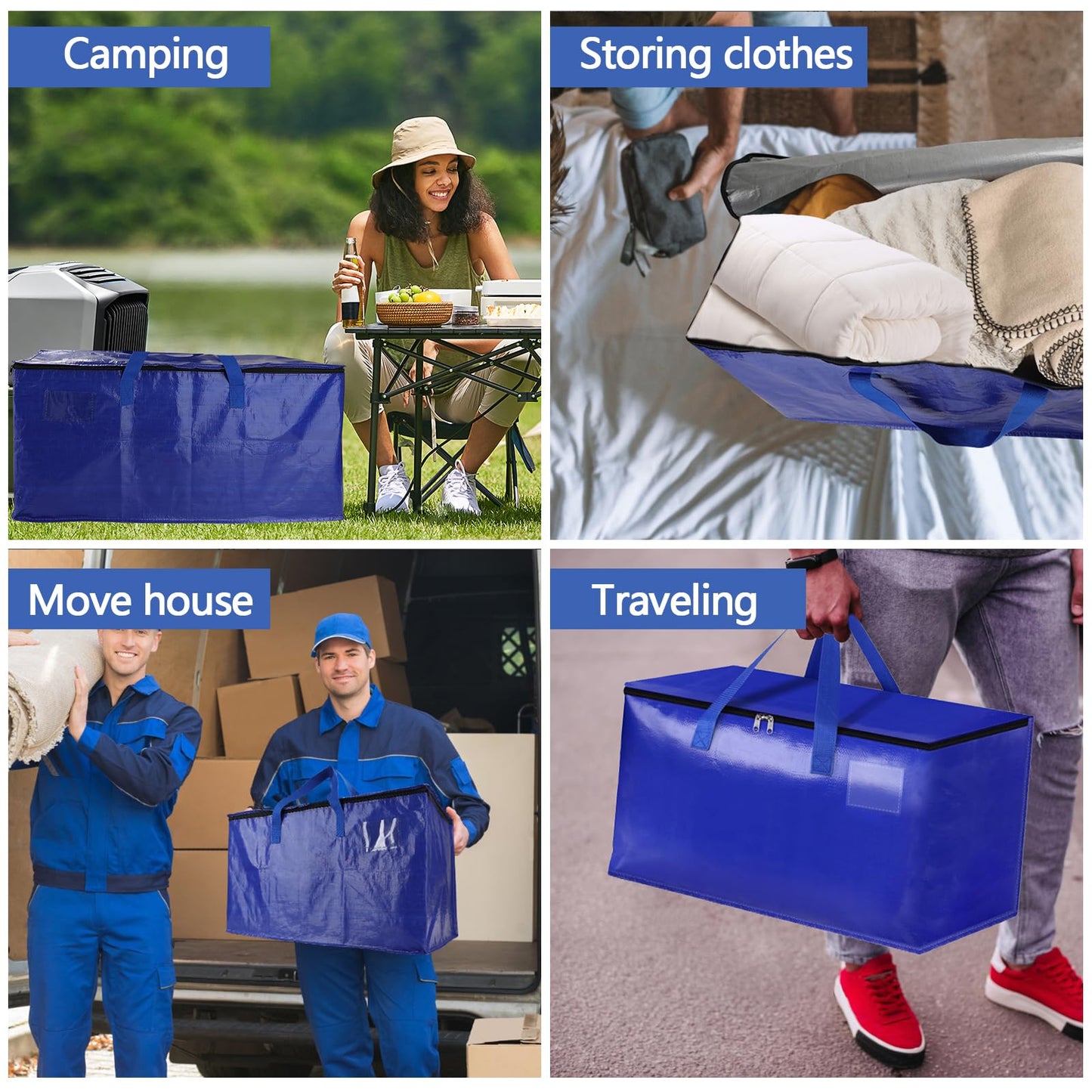 10 Pack Waterproof Moving Bags with Strong Zippers and Reinforced Handles, Real 100lb Capacity Extra Heavy Duty Large Storage Totes for Packing & Moving Storing, Alternative to Moving Boxes -95L,Blue