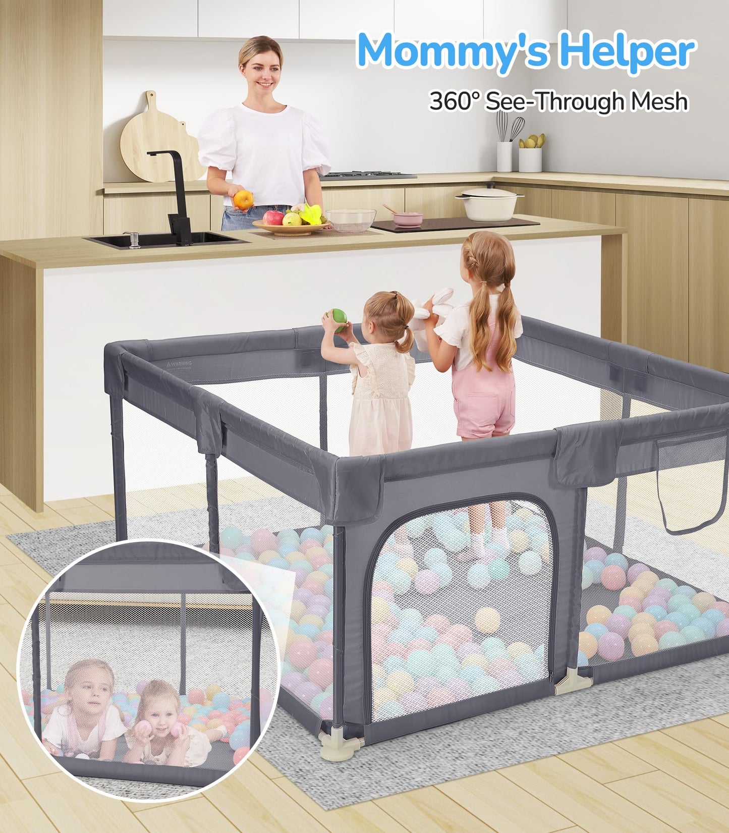 Dripex Baby Playpen, 47"x47" Play Pens for Babies and Toddlers, Safe Anti-Fall Play Yard with Gates, Baby Fence with Breathable Mesh, Indoor & Outdoor Kids Activity Center, Grey