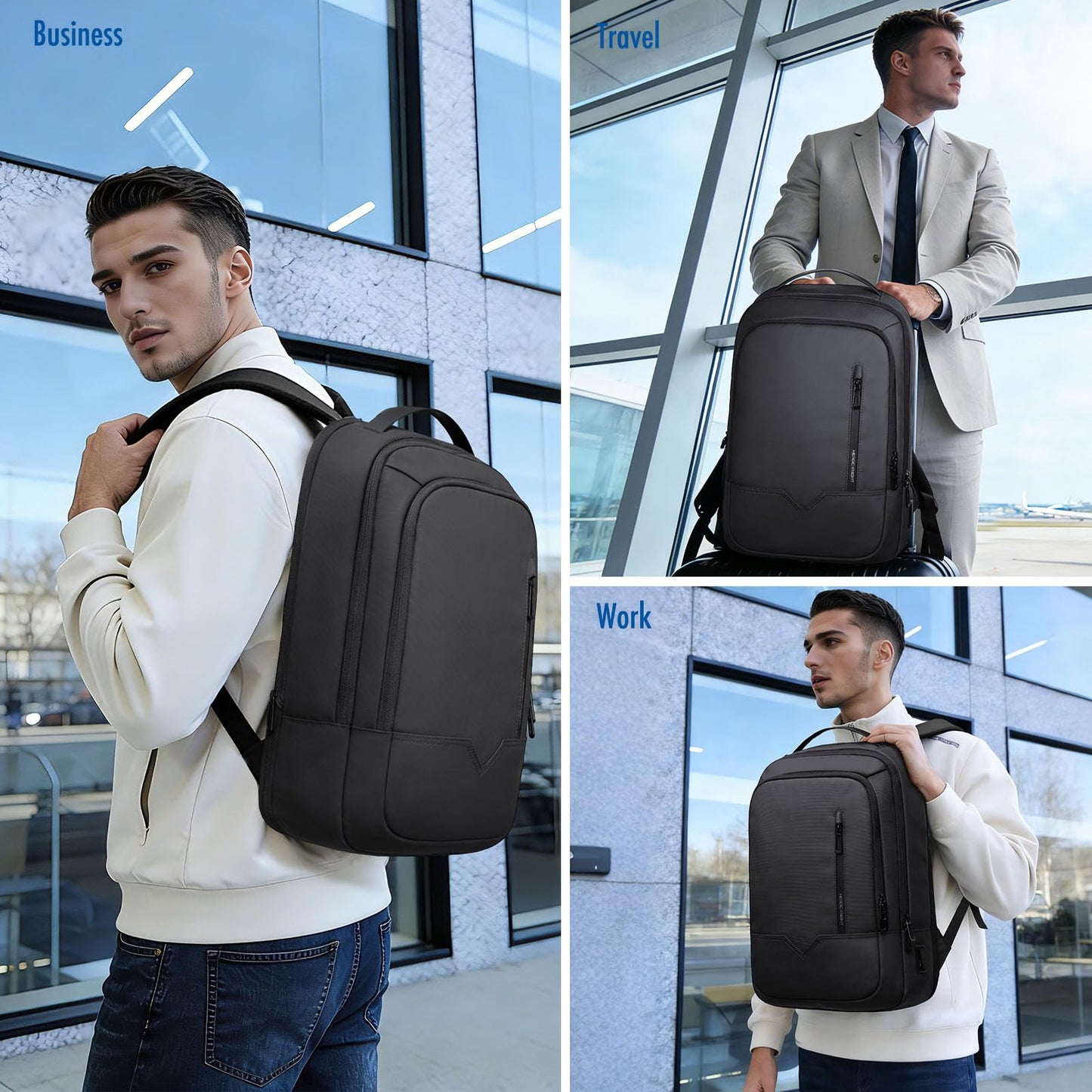 hk Slim Expandable Laptop Backpack for Men, 15.6 Inch Business Work Backpack with USB Charging Port, Water-Resistant Computer Backpack for Office Travel Daily Commute, Black